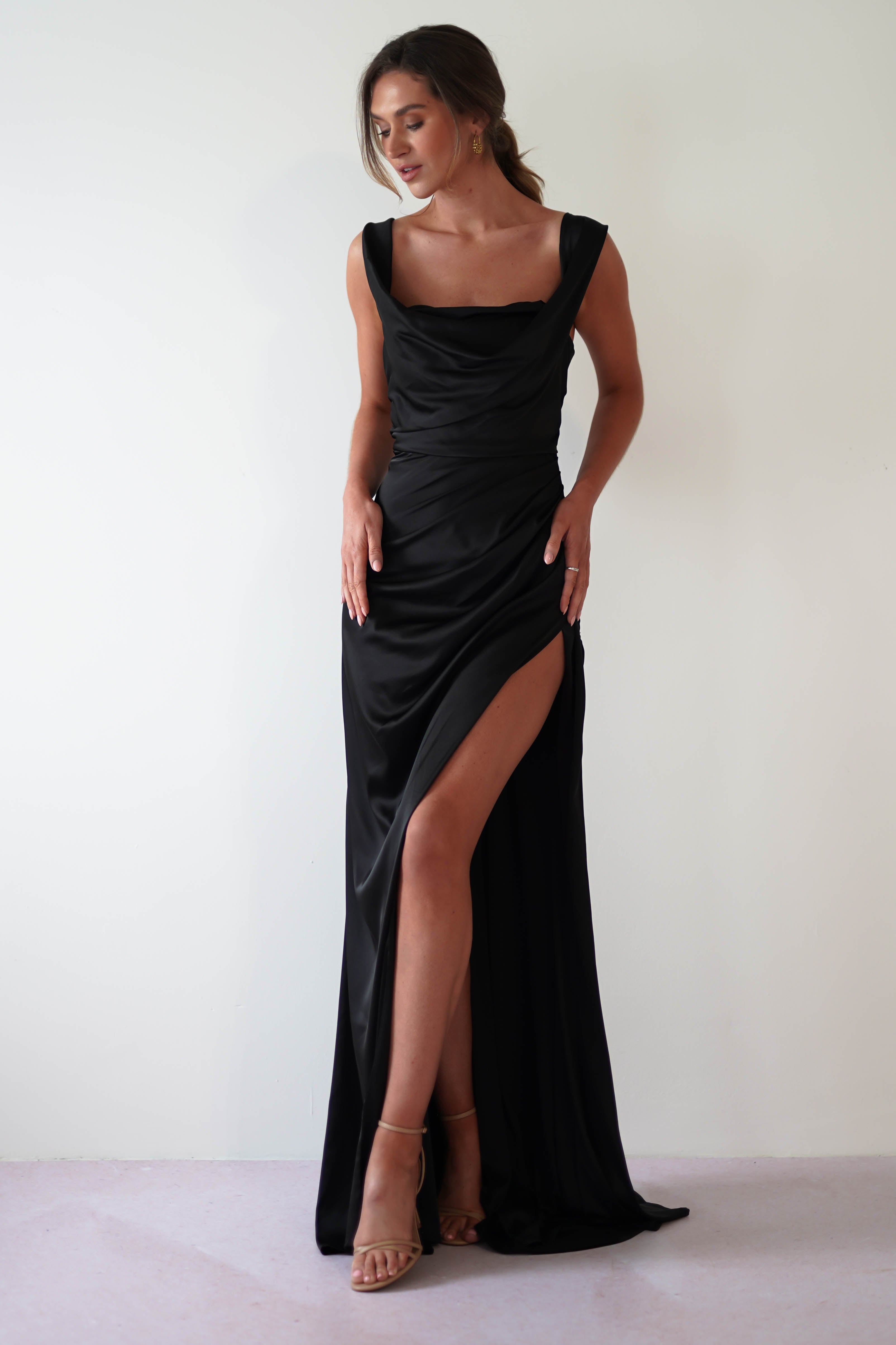 Beth Draped Silky Satin Gown | Black
