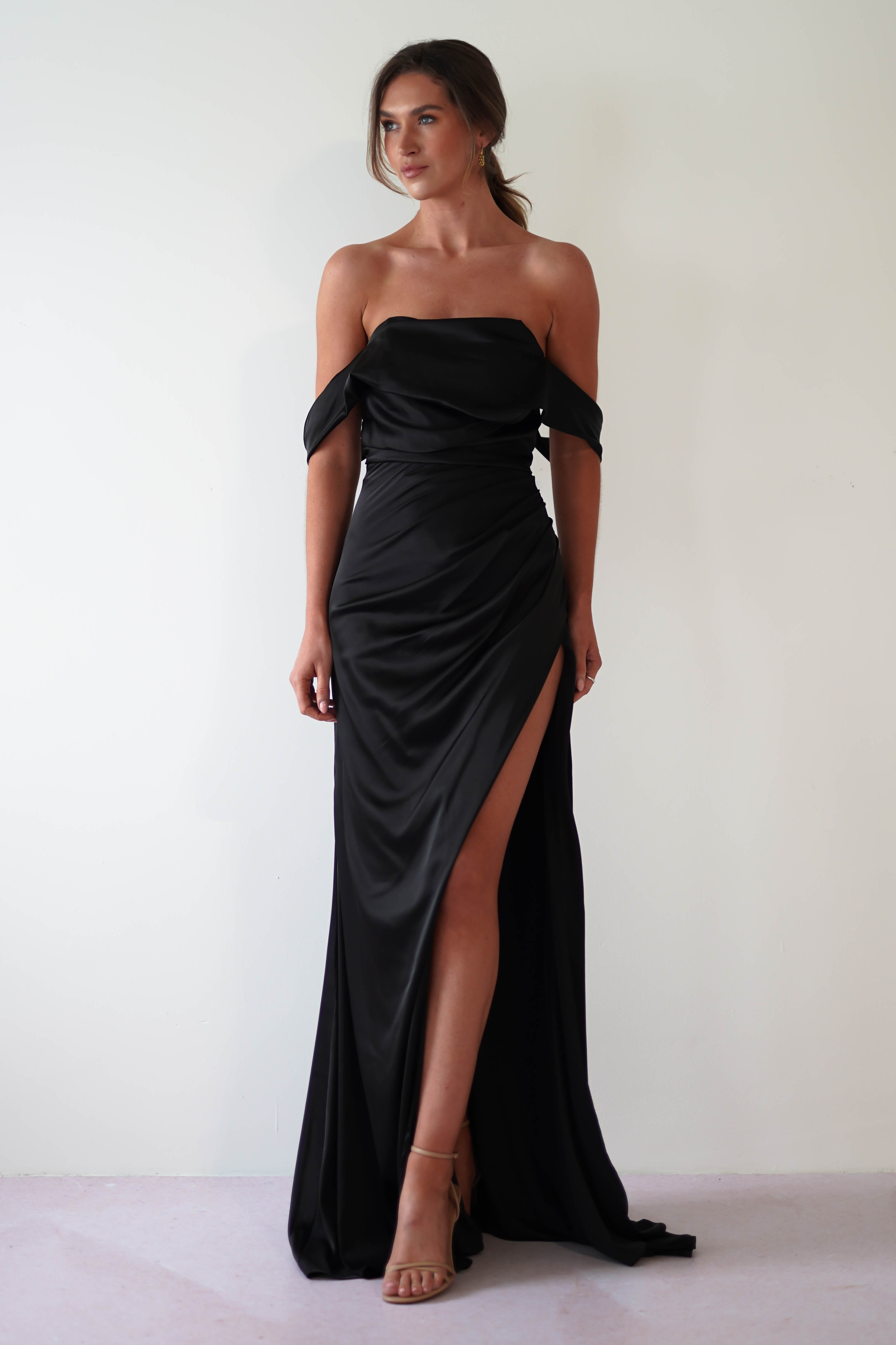Beth Draped Silky Satin Gown | Black