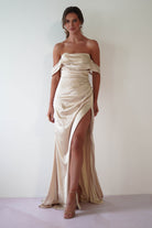 Beth Draped Silky Satin Gown | Champagne | Debs & Prom | Formal Gown | Oh Hello Clothing