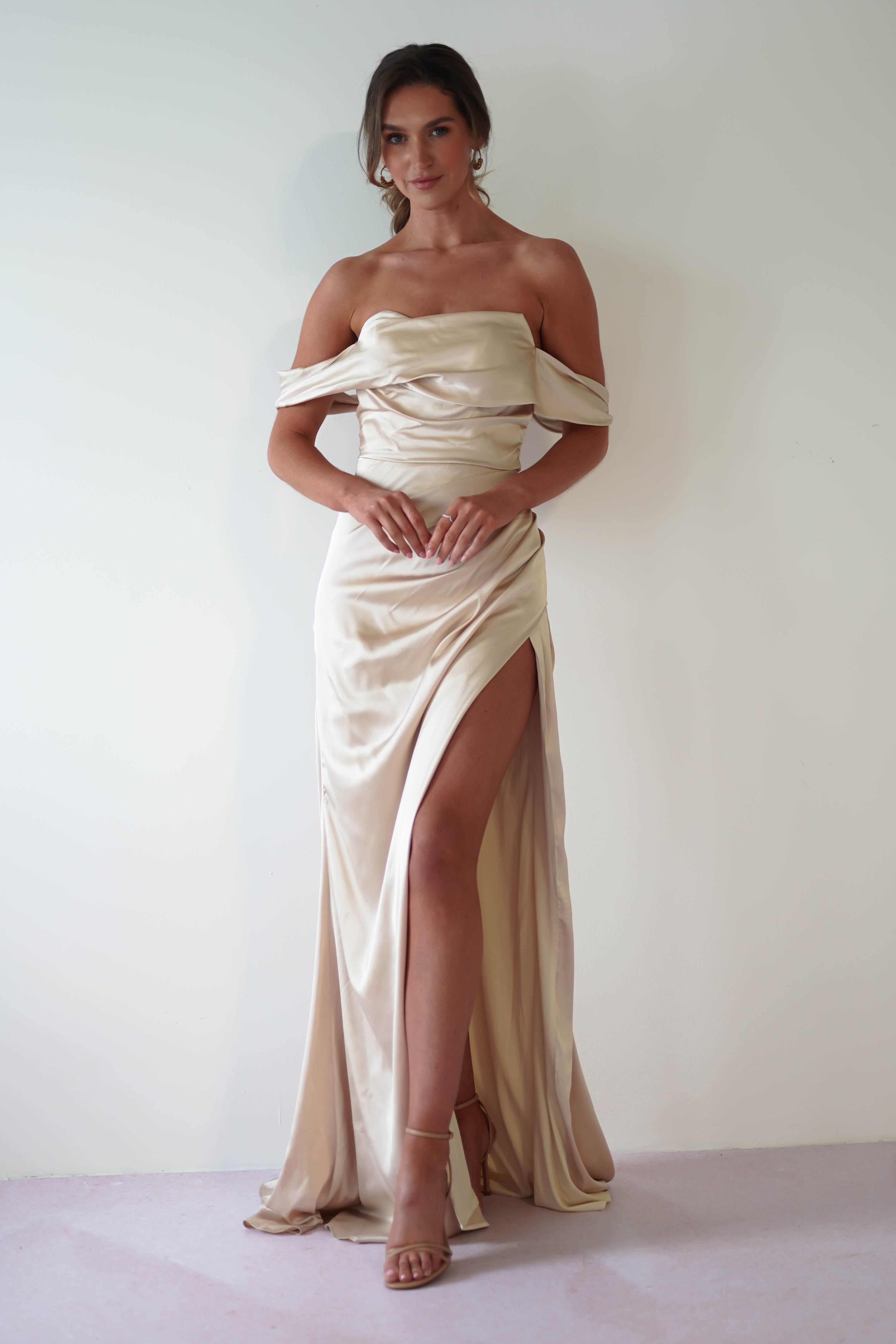 Beth Draped Silky Satin Gown | Champagne
