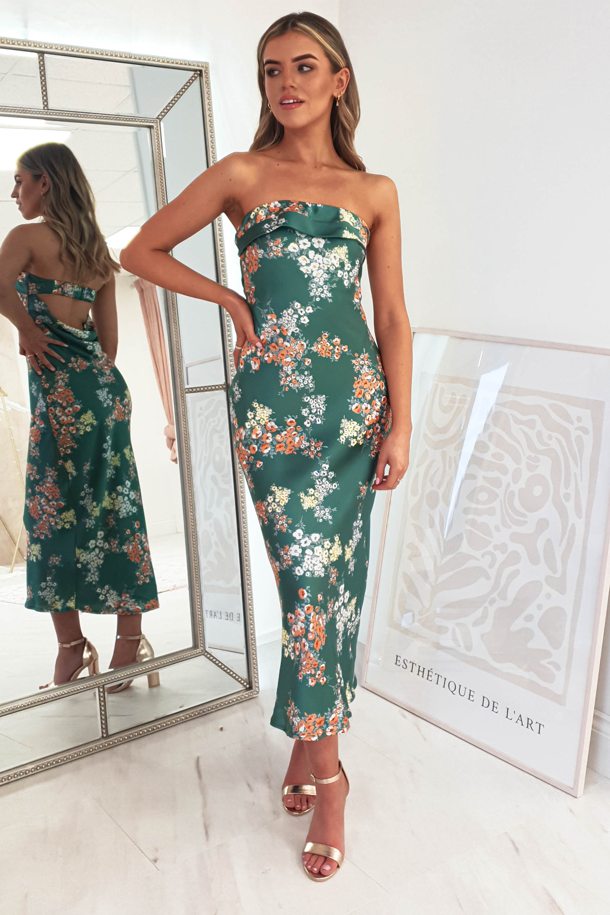 Kristen Strapless Satin Midi Dress | Green Print