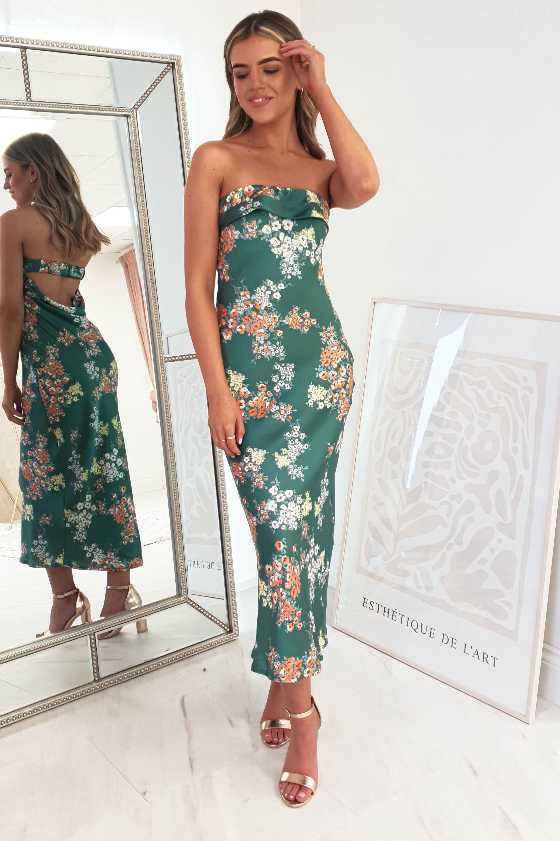 Kristen Strapless Satin Midi Dress | Green Print