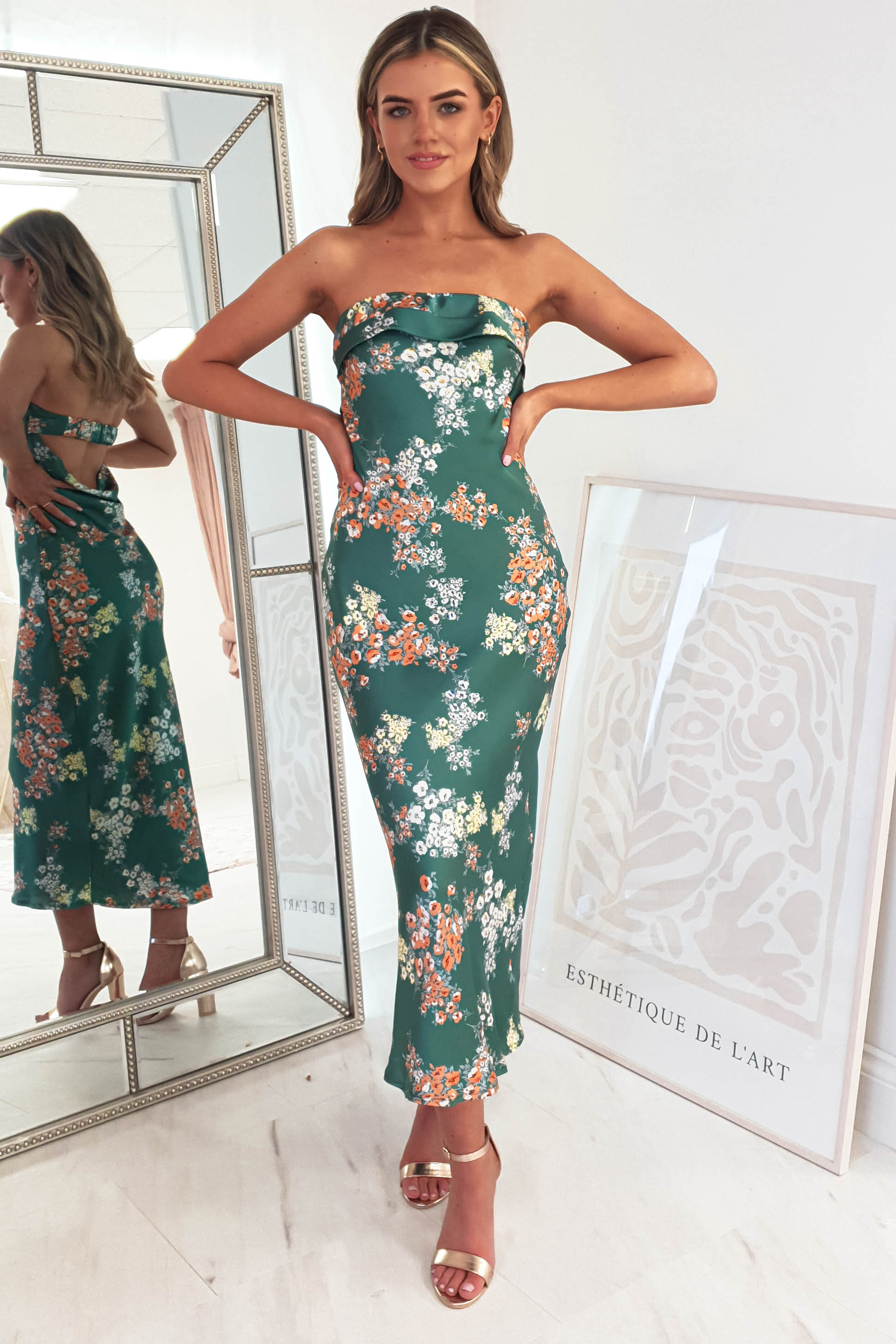 Kristen Strapless Satin Midi Dress | Green Print