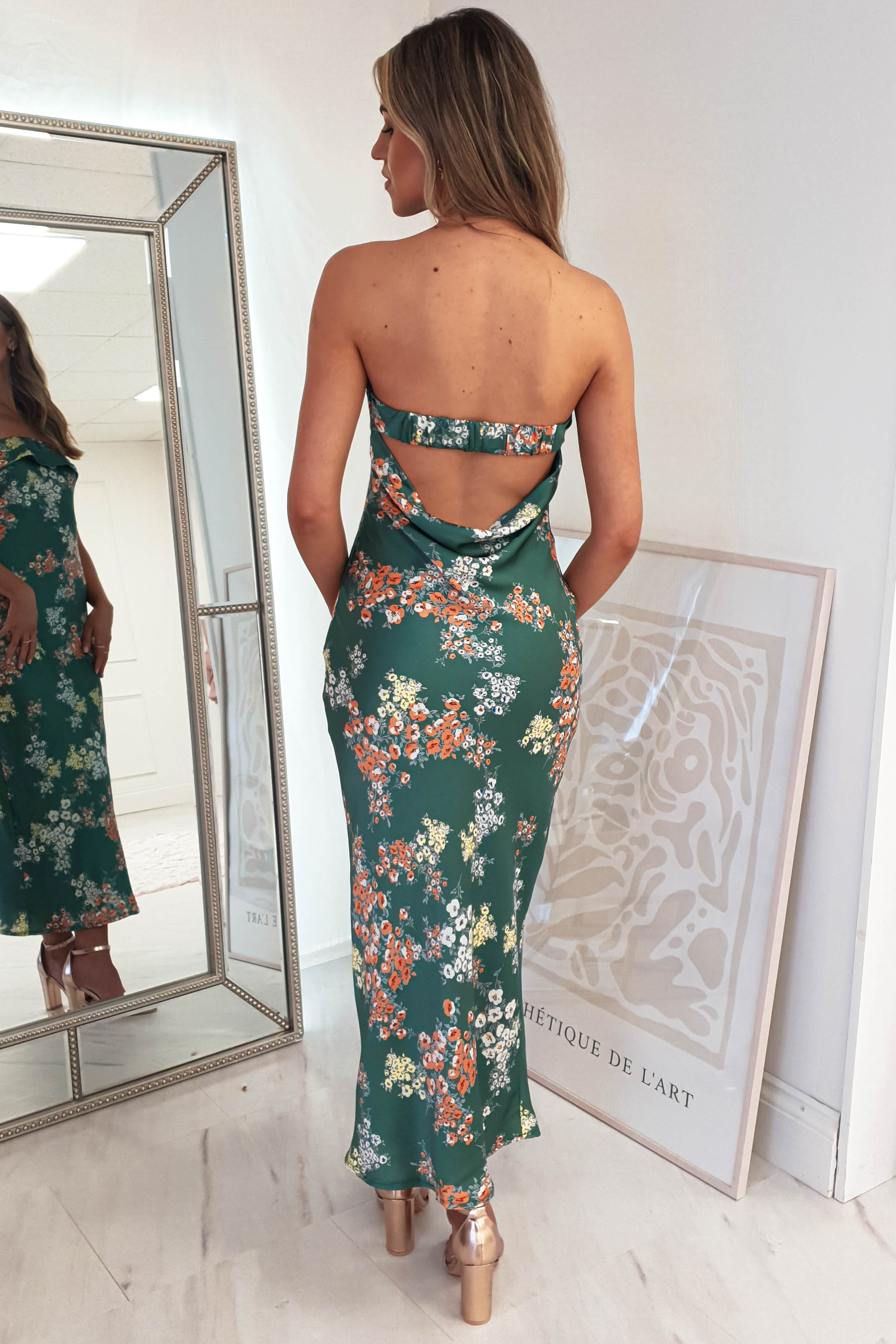 Kristen Strapless Satin Midi Dress | Green Print