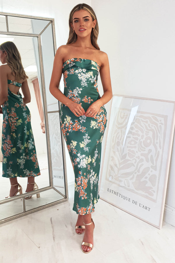 Kristen Strapless Satin Midi Dress | Green Print