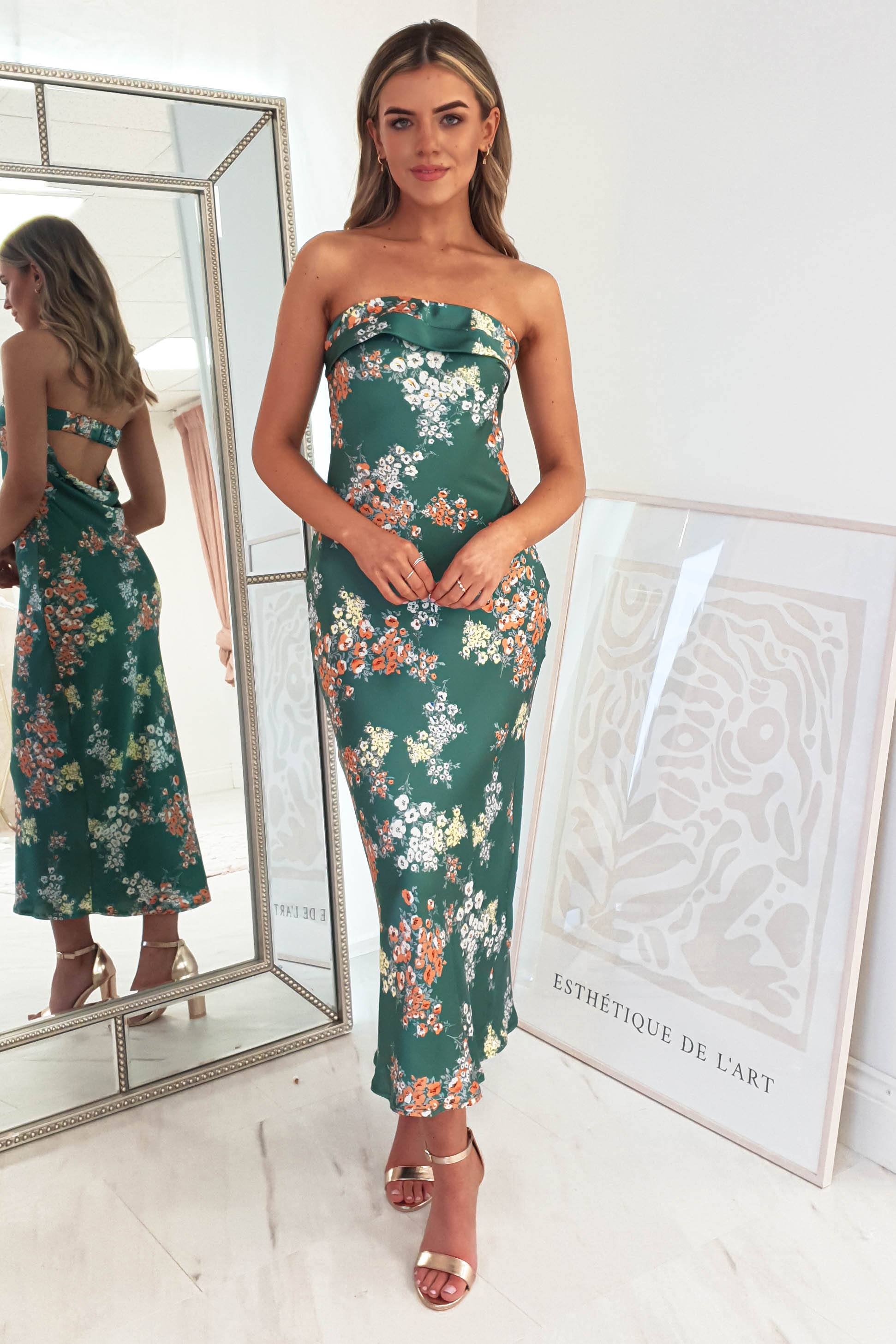 Kristen Strapless Satin Midi Dress | Green Print