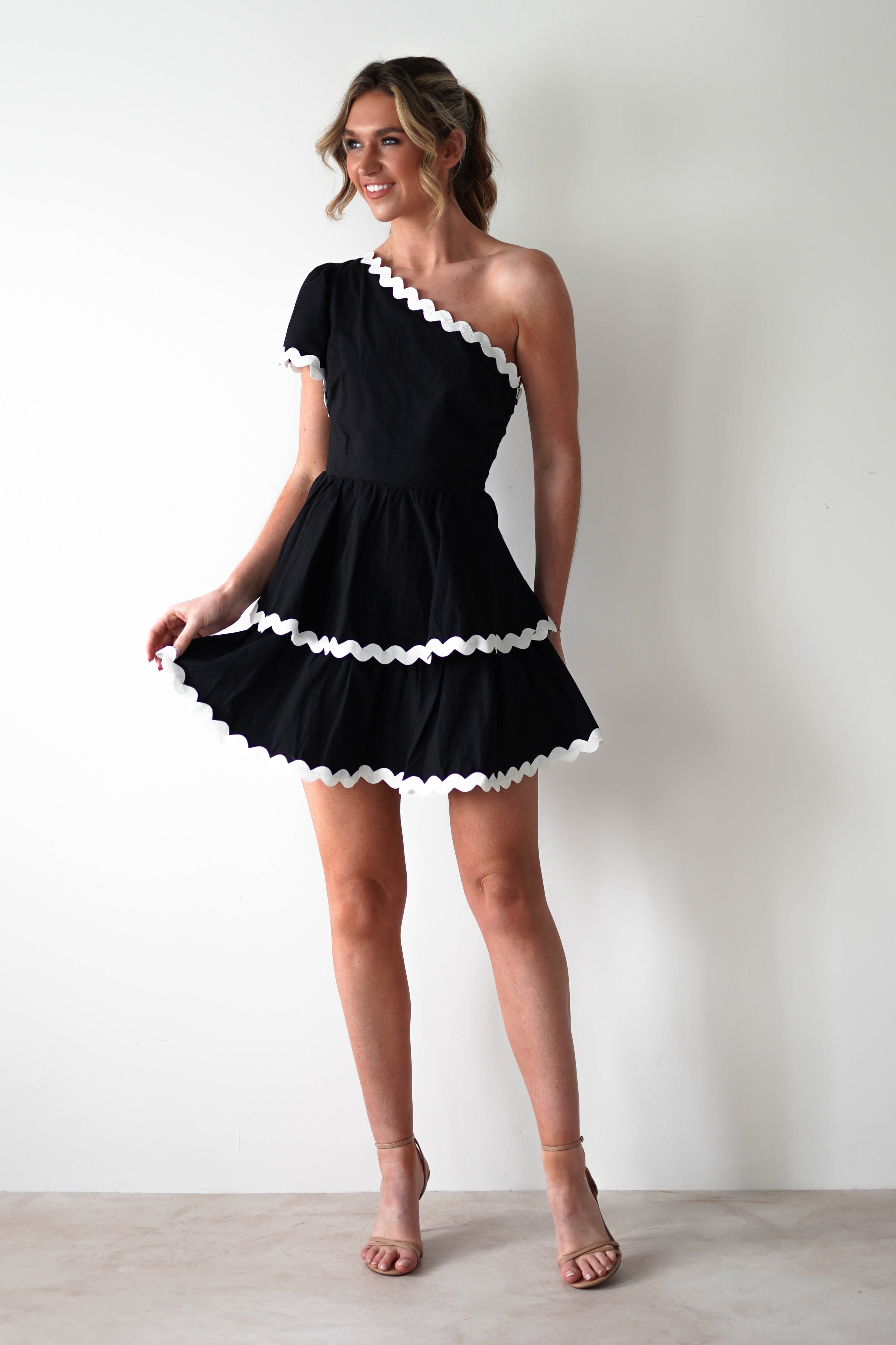 SASHA Wedding Guest Dresses * DONE - BLACK RUFFLE BODYCON WITH ROWAN/KLABELLE NECKLINE | Black ***SASHA