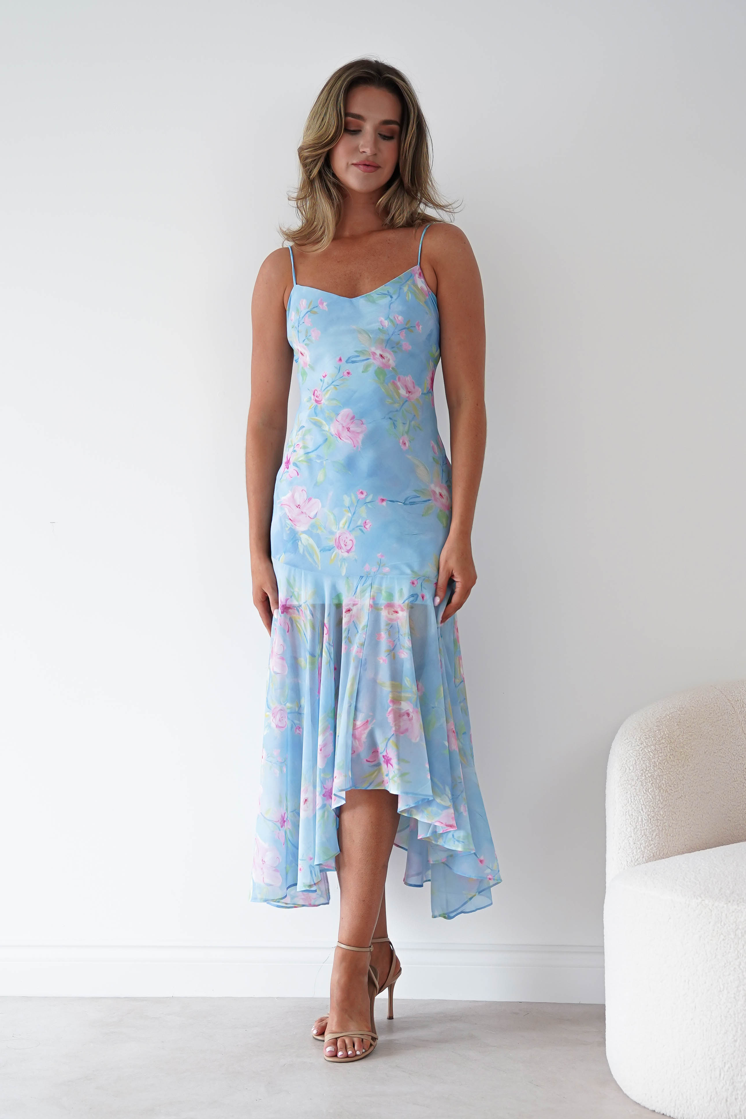 Oh Hello Clothing Women > Clothing > Dresses * DONE Calix Floral Asymmetric Midi Dress | Blue