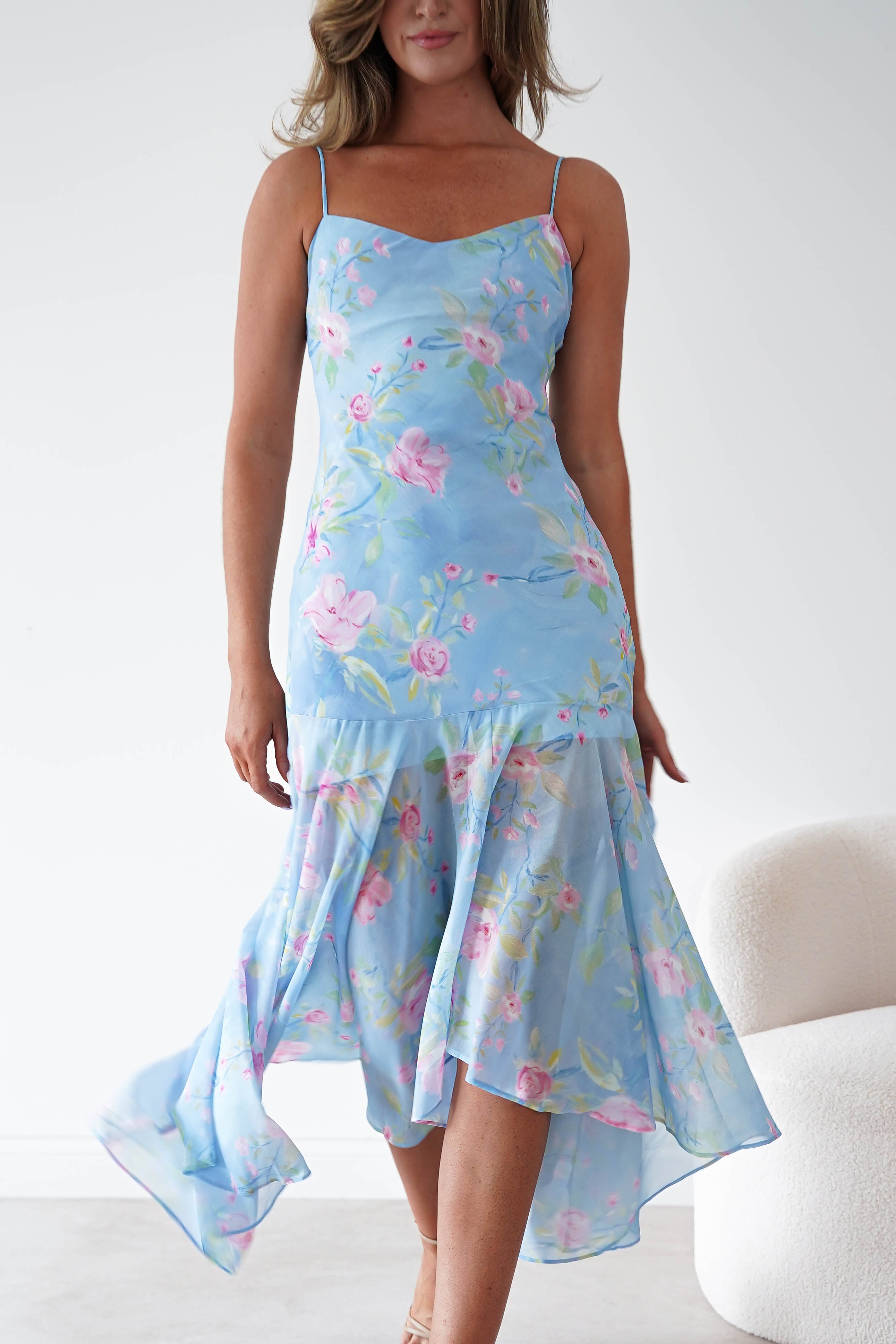 Oh Hello Clothing Women > Clothing > Dresses * DONE Calix Floral Asymmetric Midi Dress | Blue