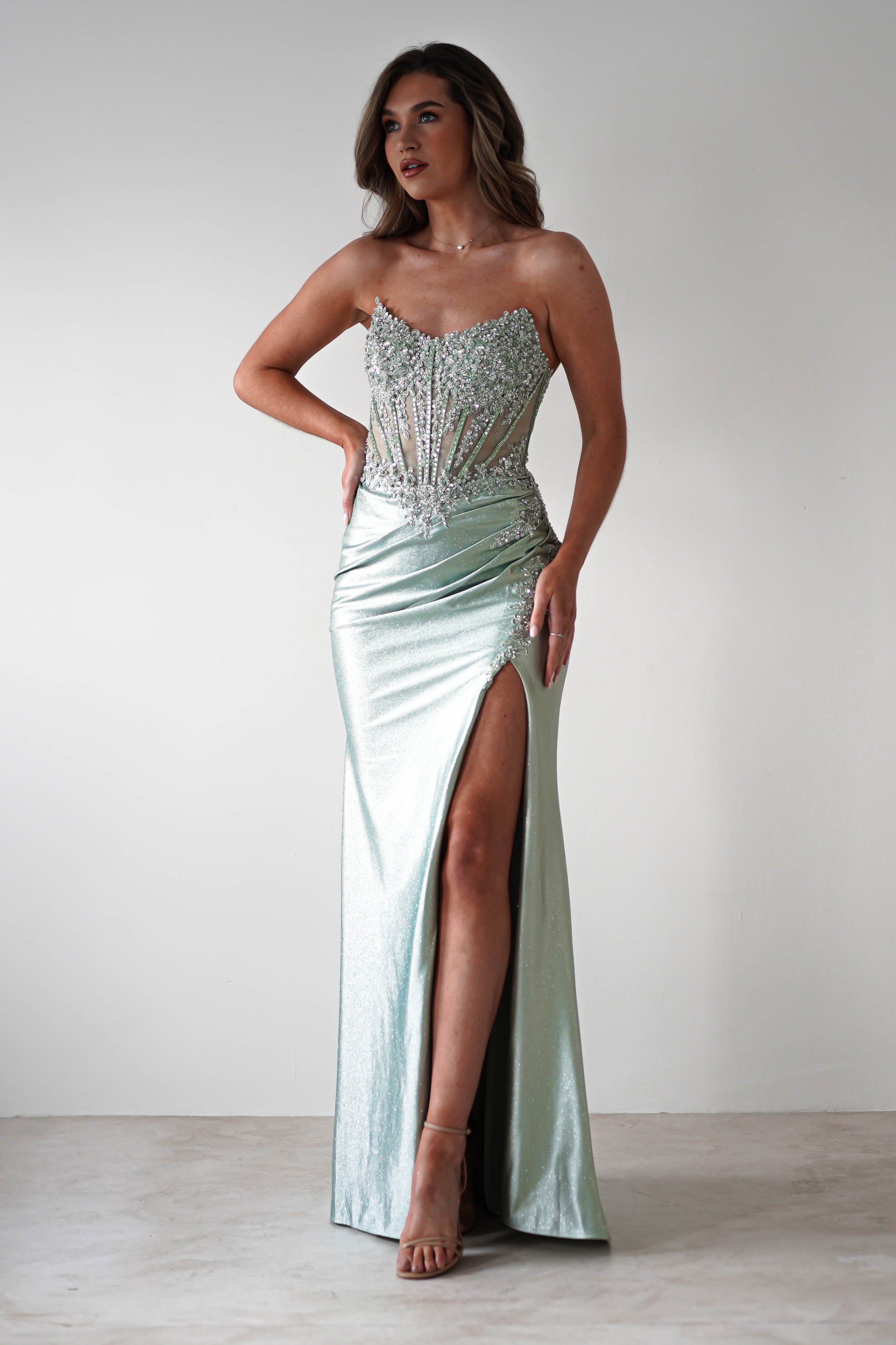 Caspian Embellished Bodycon Gown | Light Green