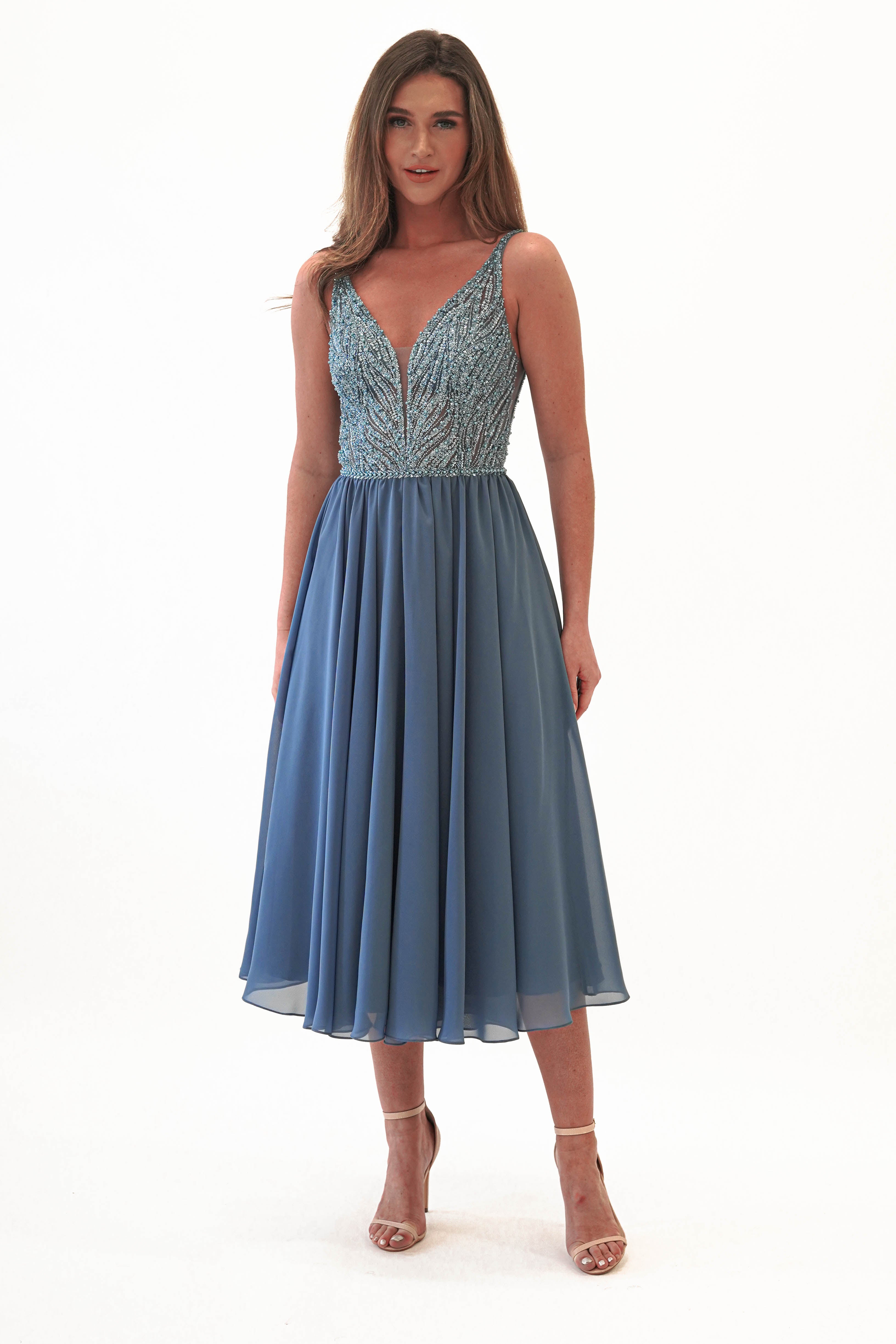 Tasha Chiffon Embellished Midi Dress | Blue