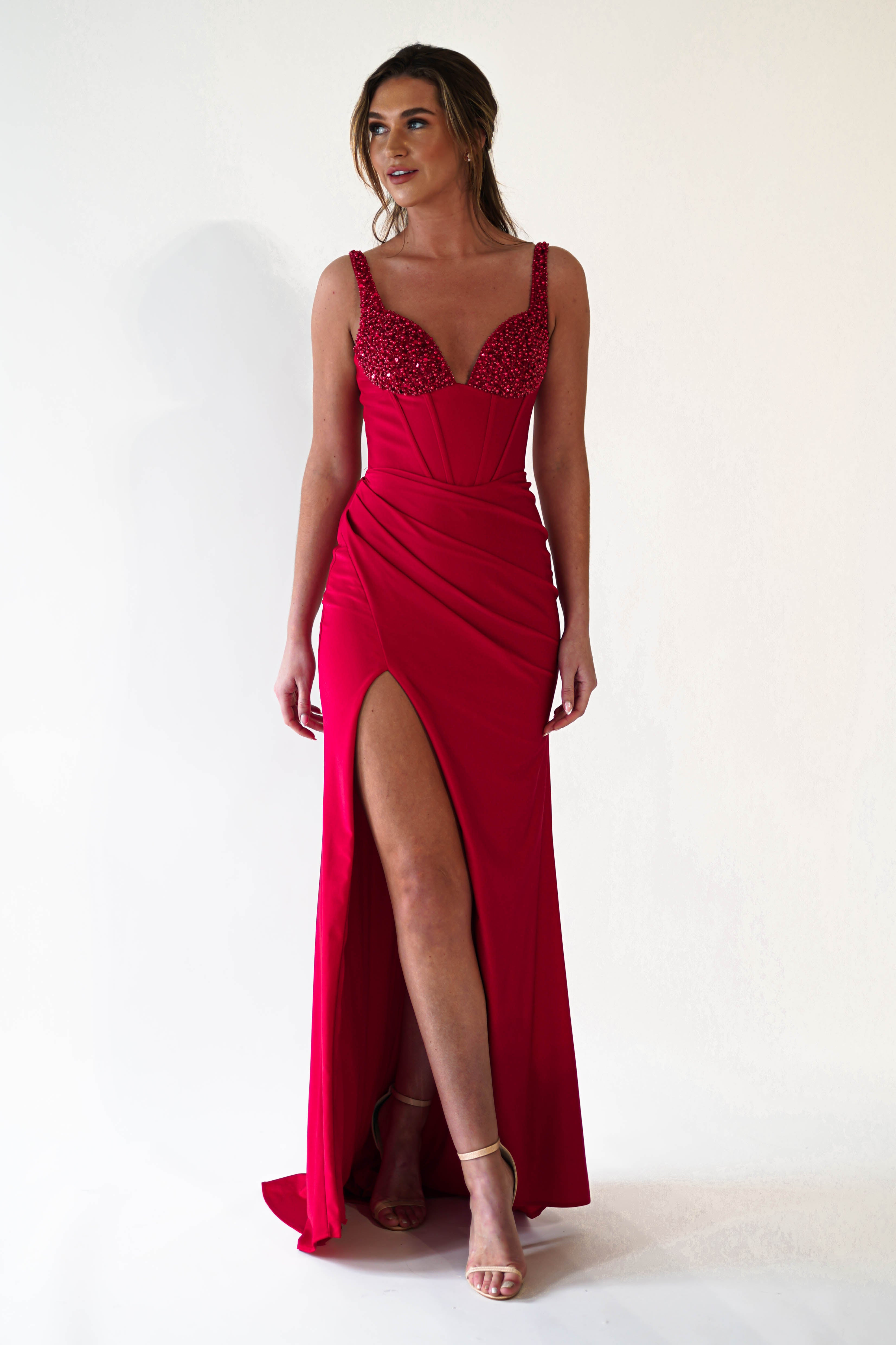 Electra Pearl Cup Corset Gown | Red