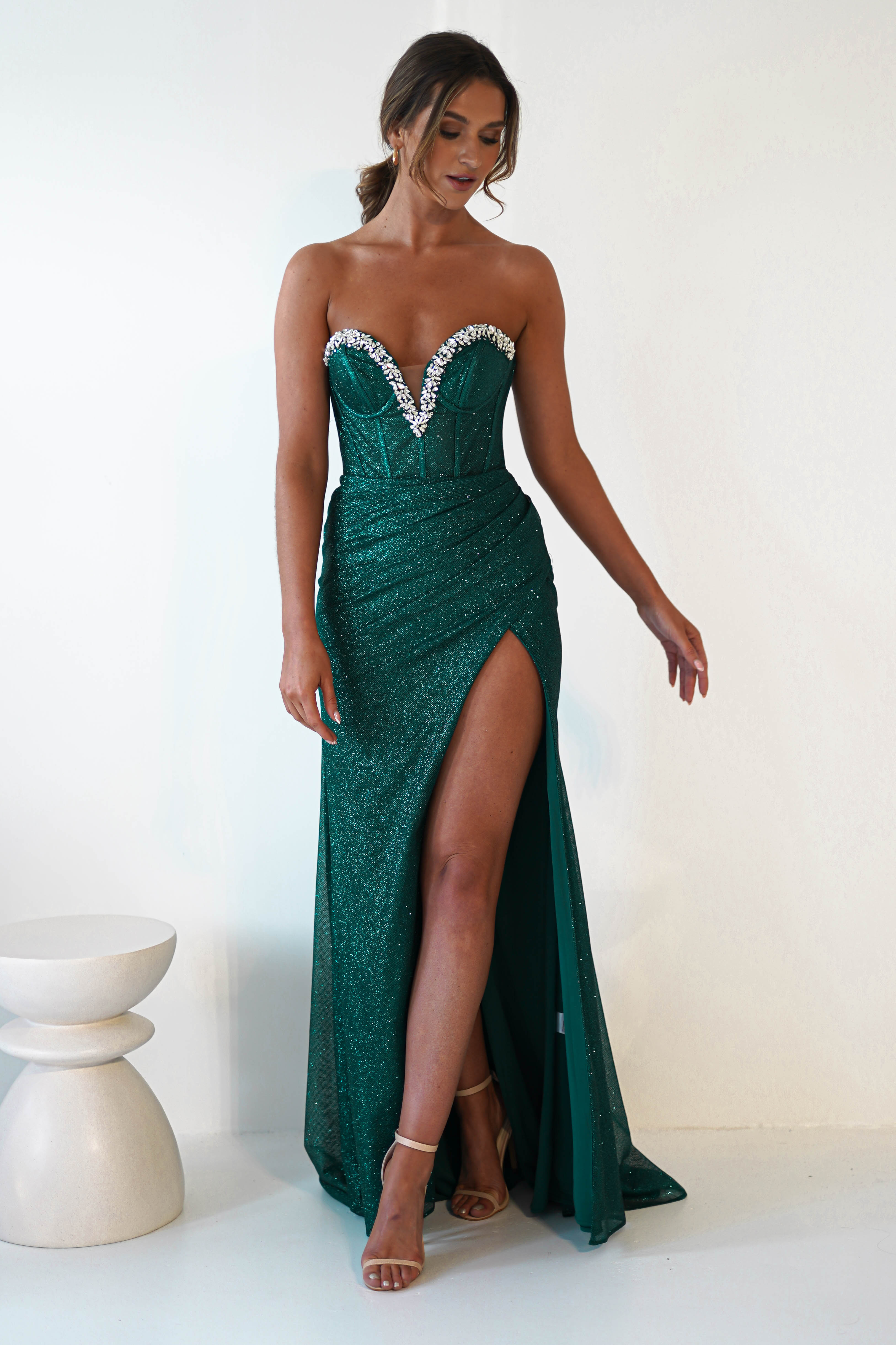 Stephanie Strapless Glitter Gown | Emerald Green