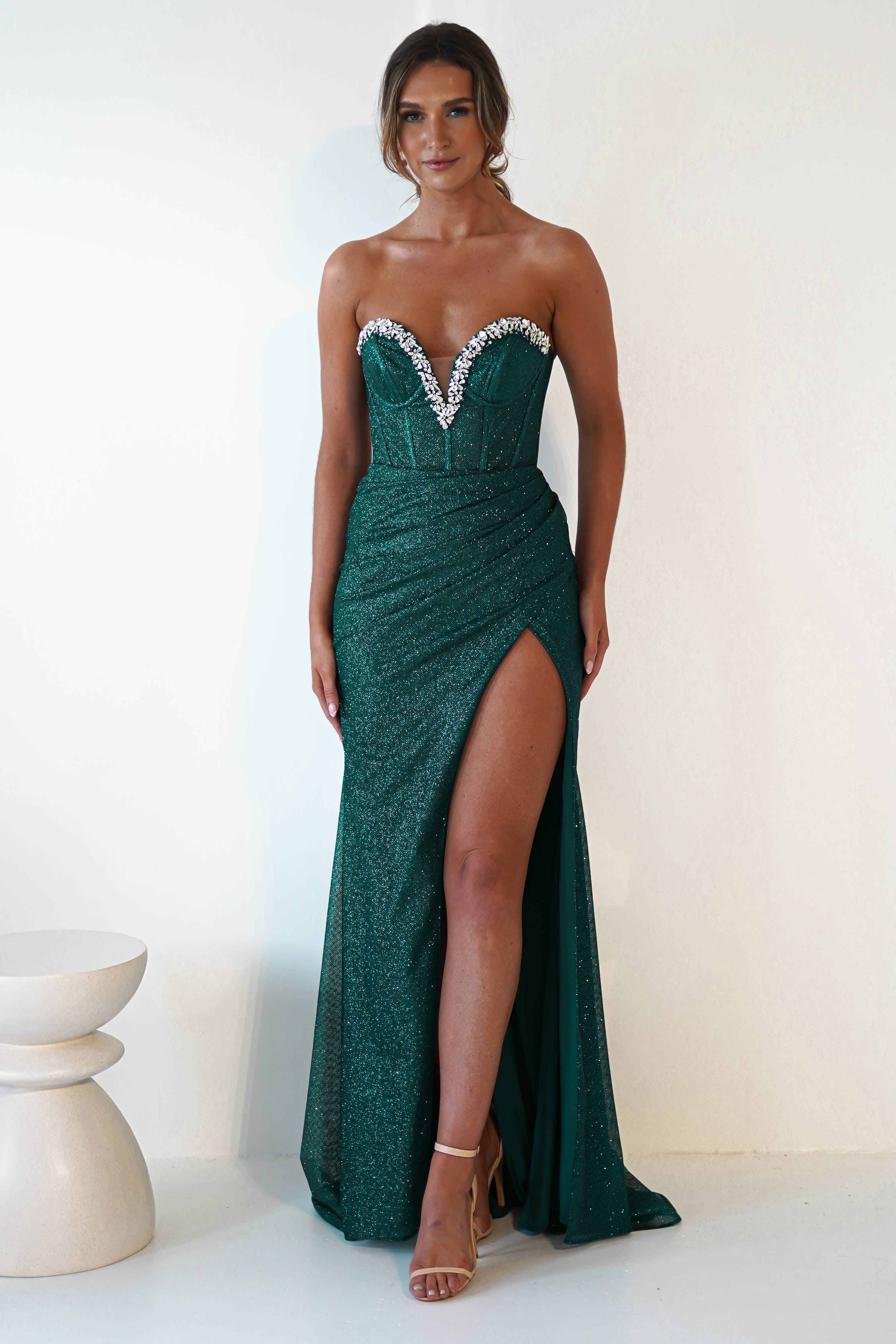 Stephanie Strapless Glitter Gown | Emerald Green