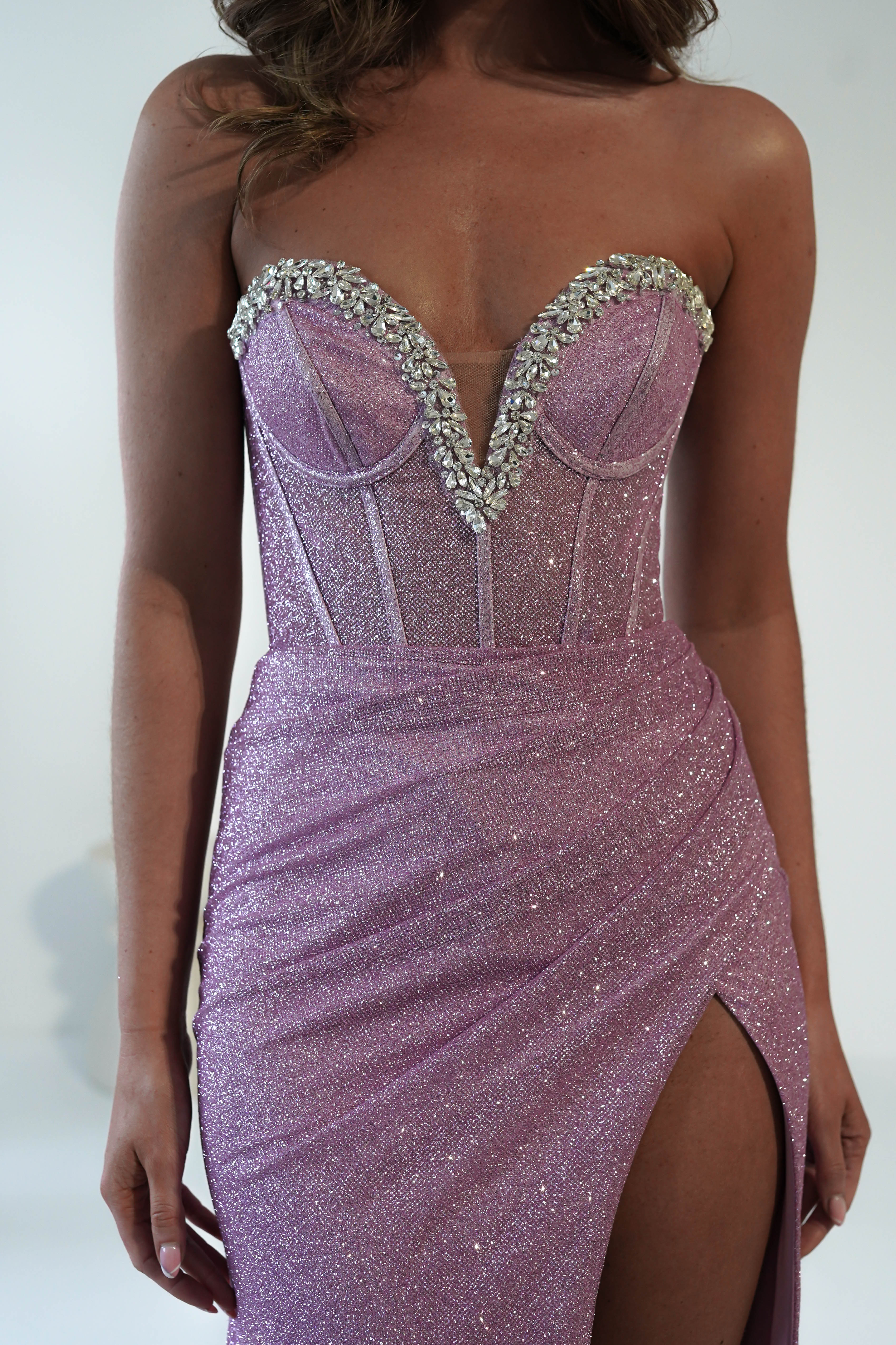Stephanie Strapless Glitter Gown | Pink