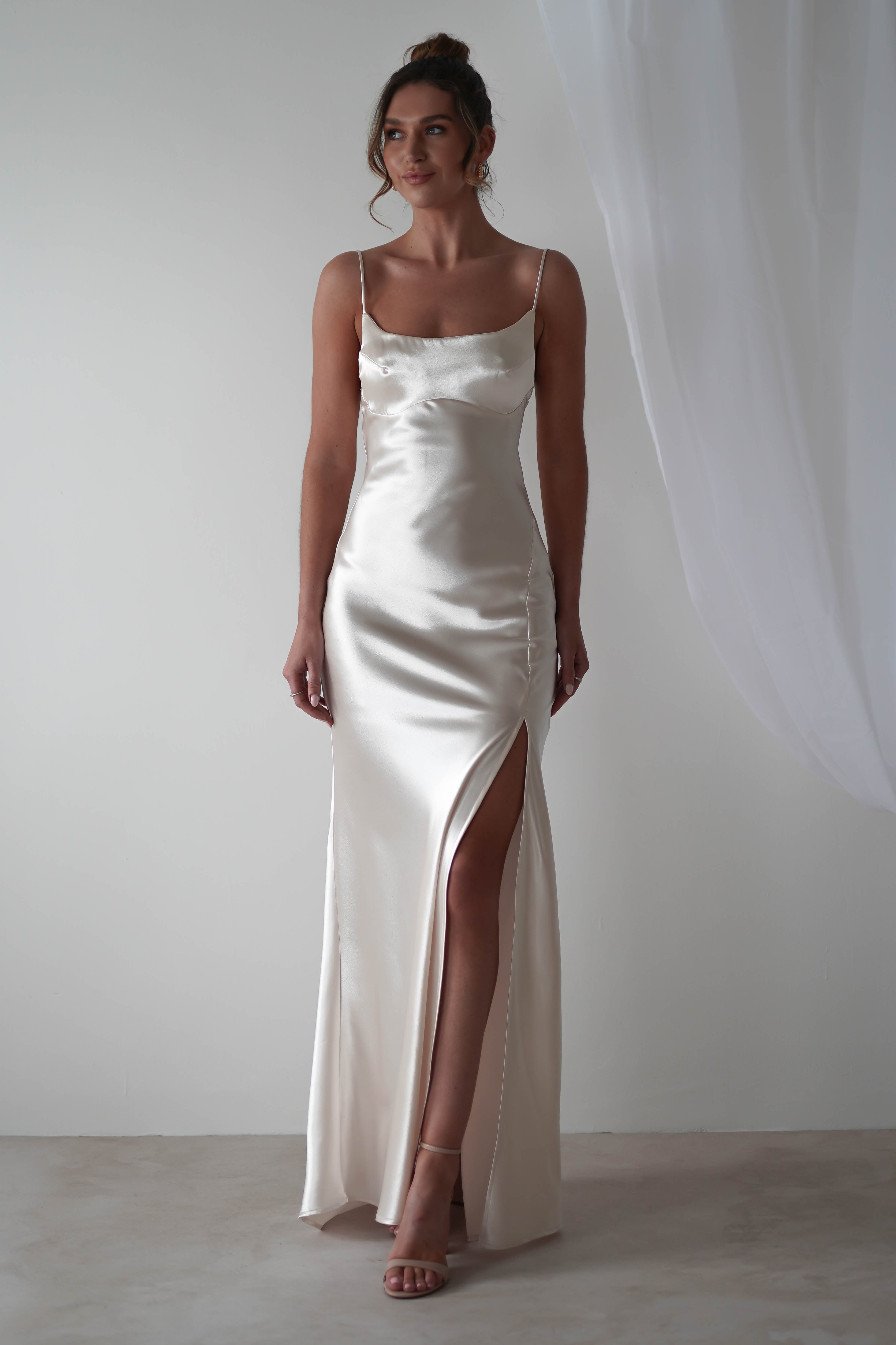 Celinee Satin Maxi Gown | Pearl/Champagne