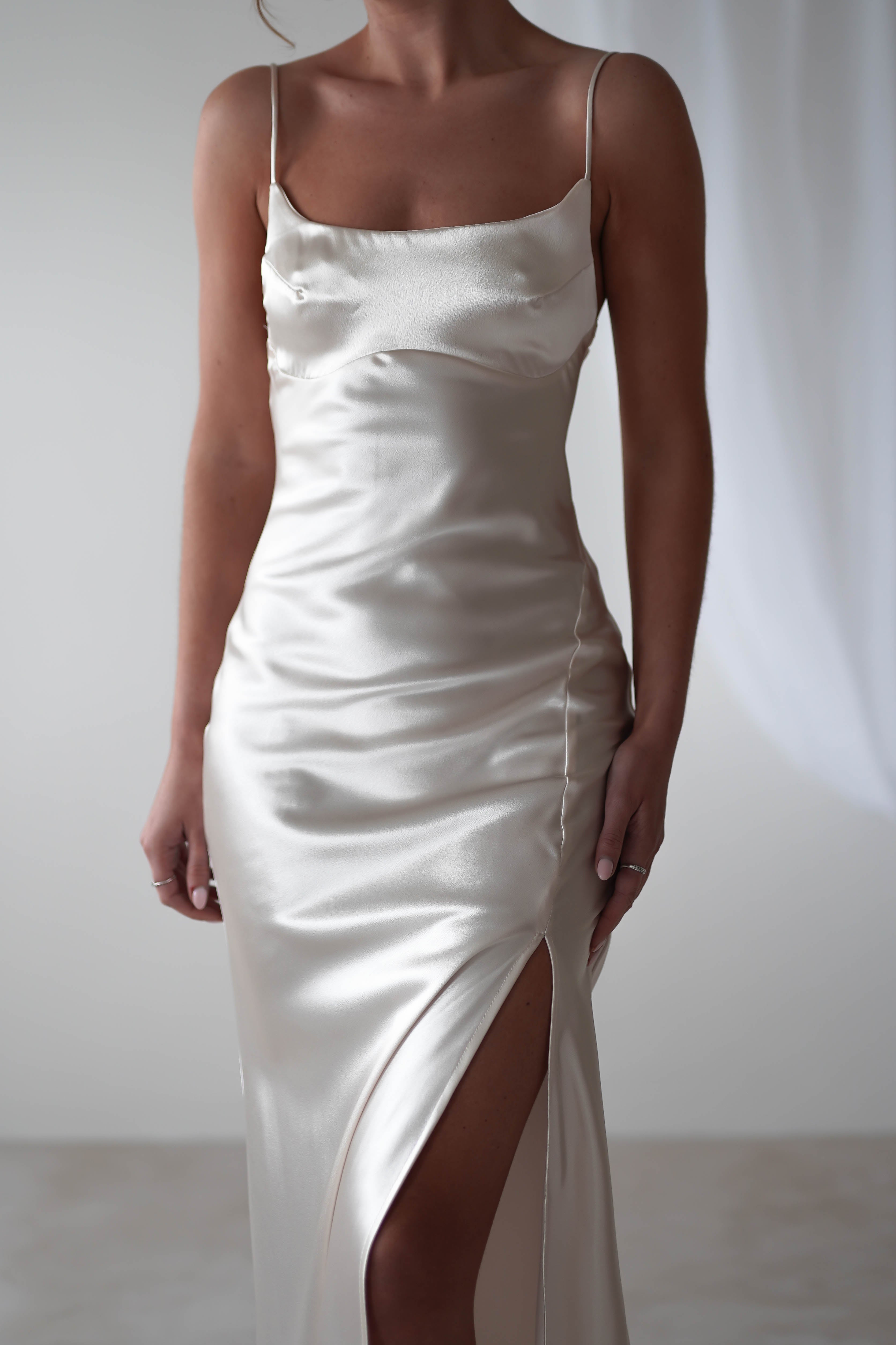Celinee Satin Maxi Gown | Pearl/Champagne