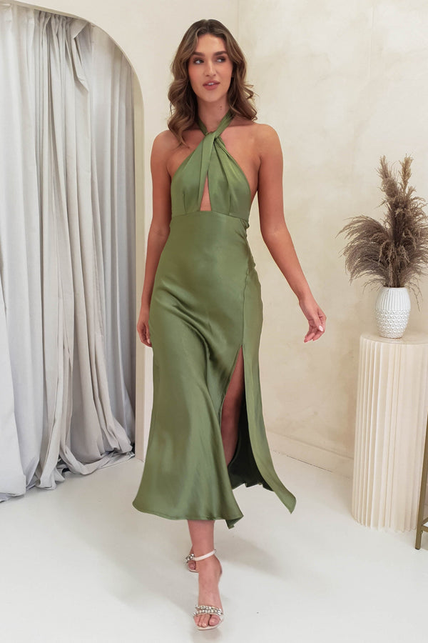 Olivia Soft Satin Midi Dress | Olive