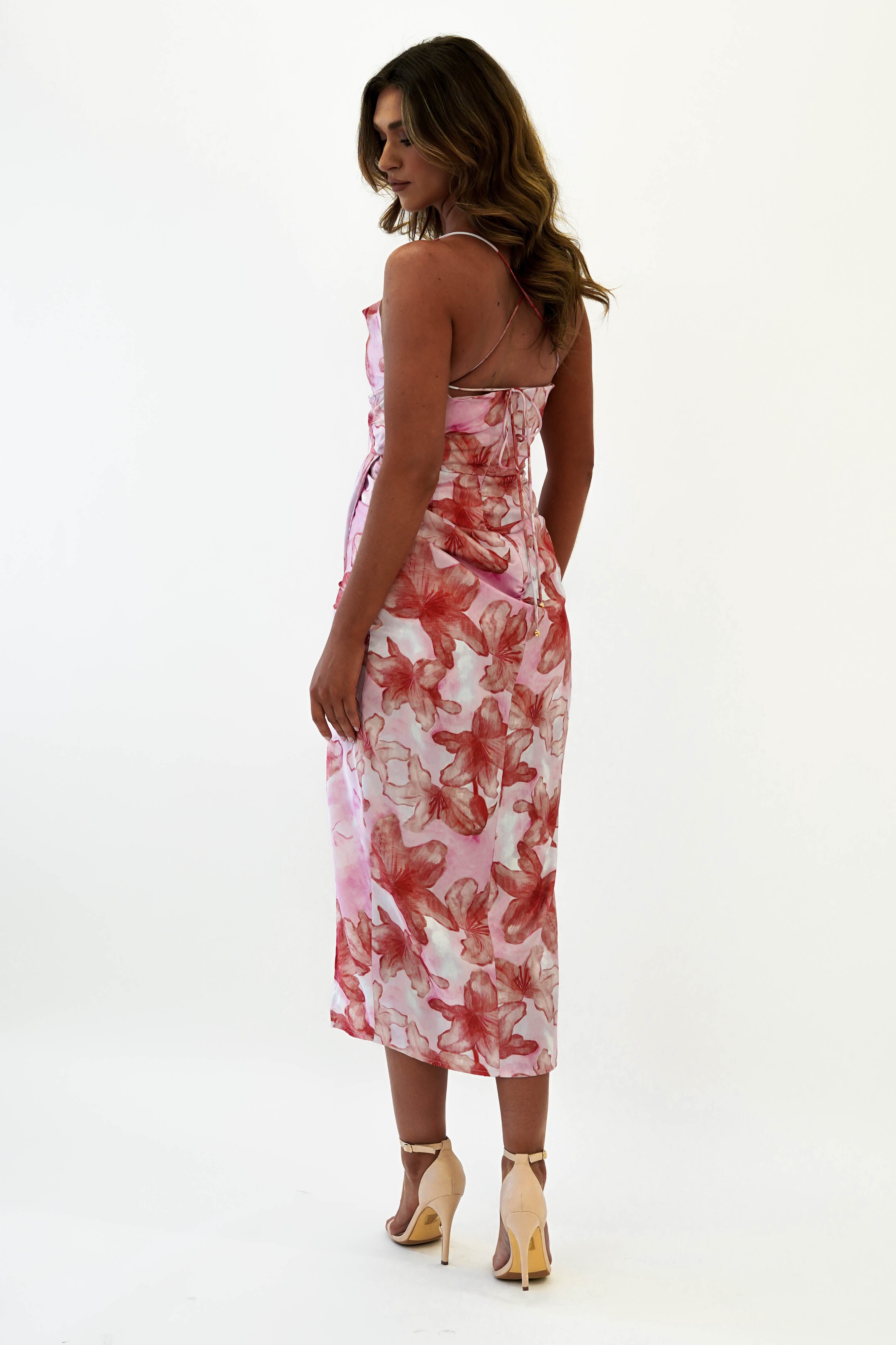 Shaima Soft Printed Midi Dress | Pink/Red Print