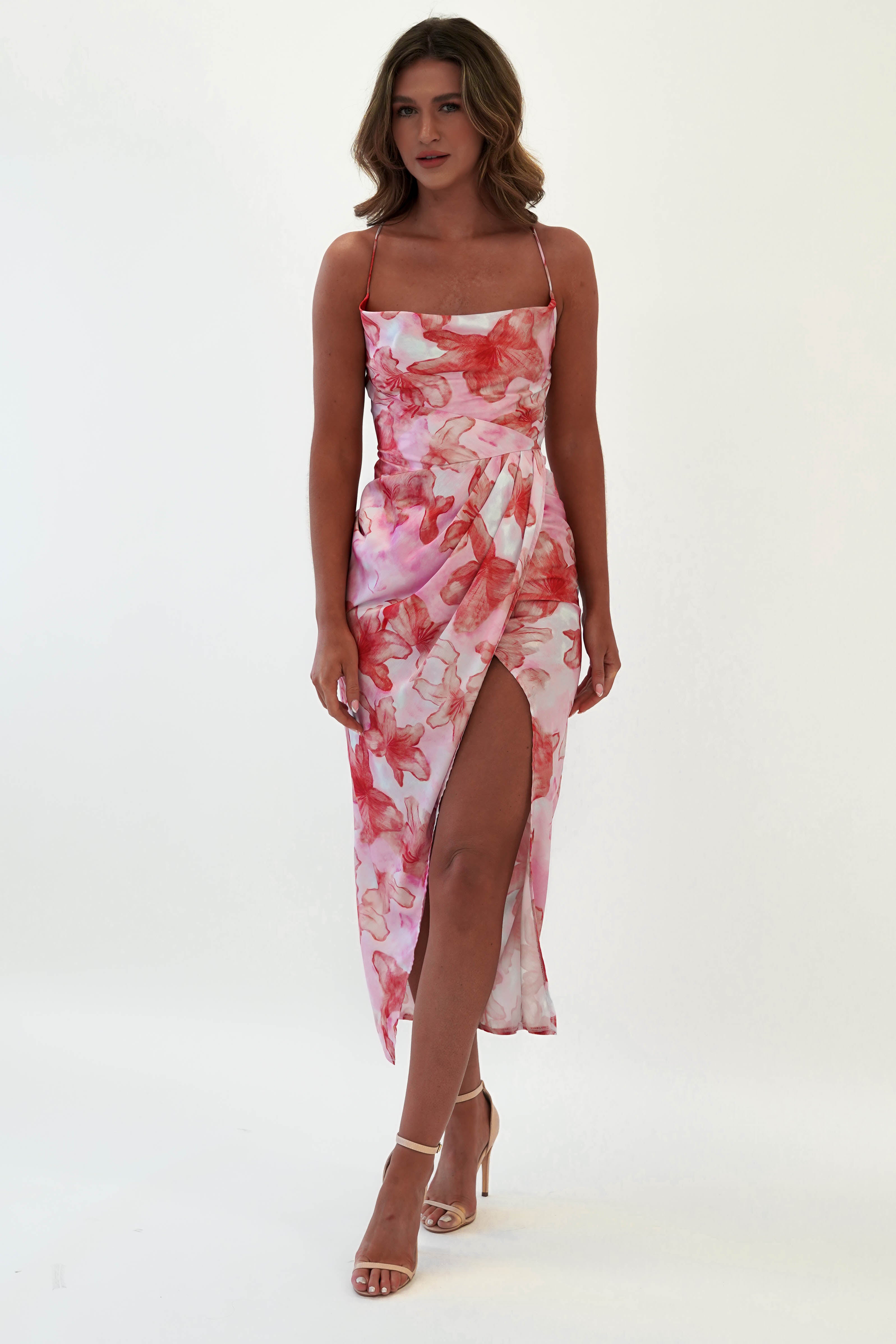 Shaima Soft Printed Midi Dress | Pink/Red Print