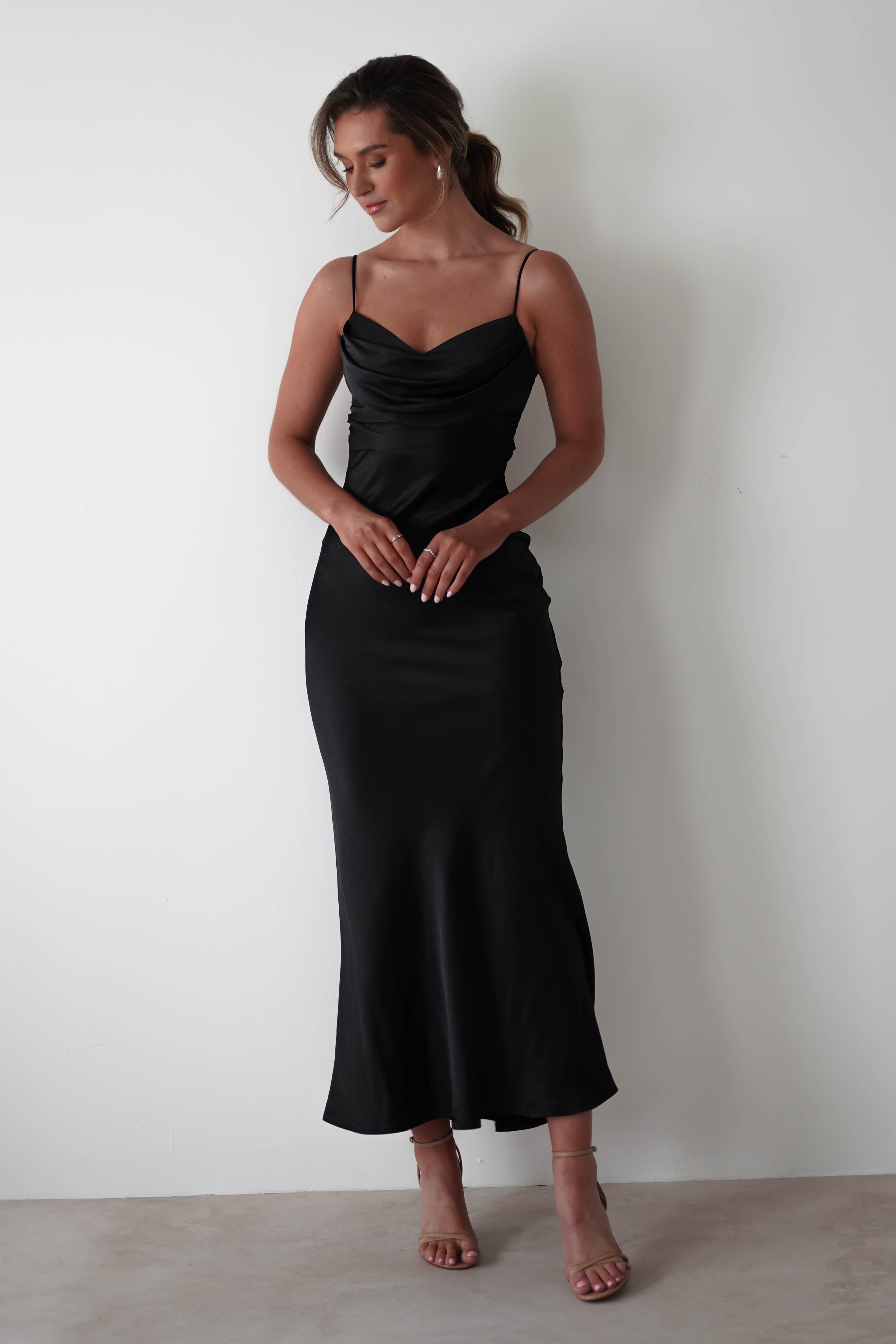 Everleigh Soft Satin Midi Dress | Black
