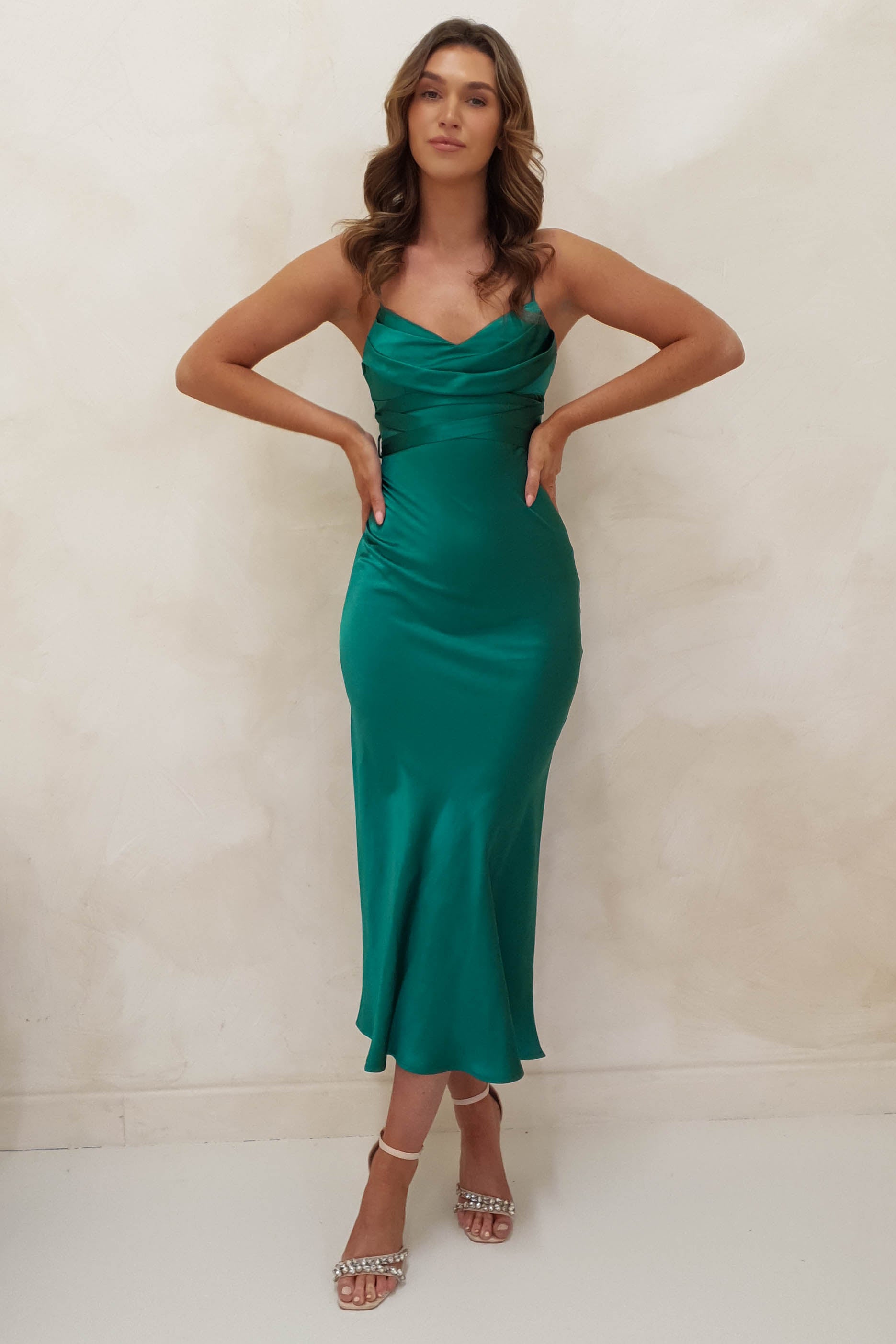 Everleigh Soft Satin Midi Dress | Emerald Green