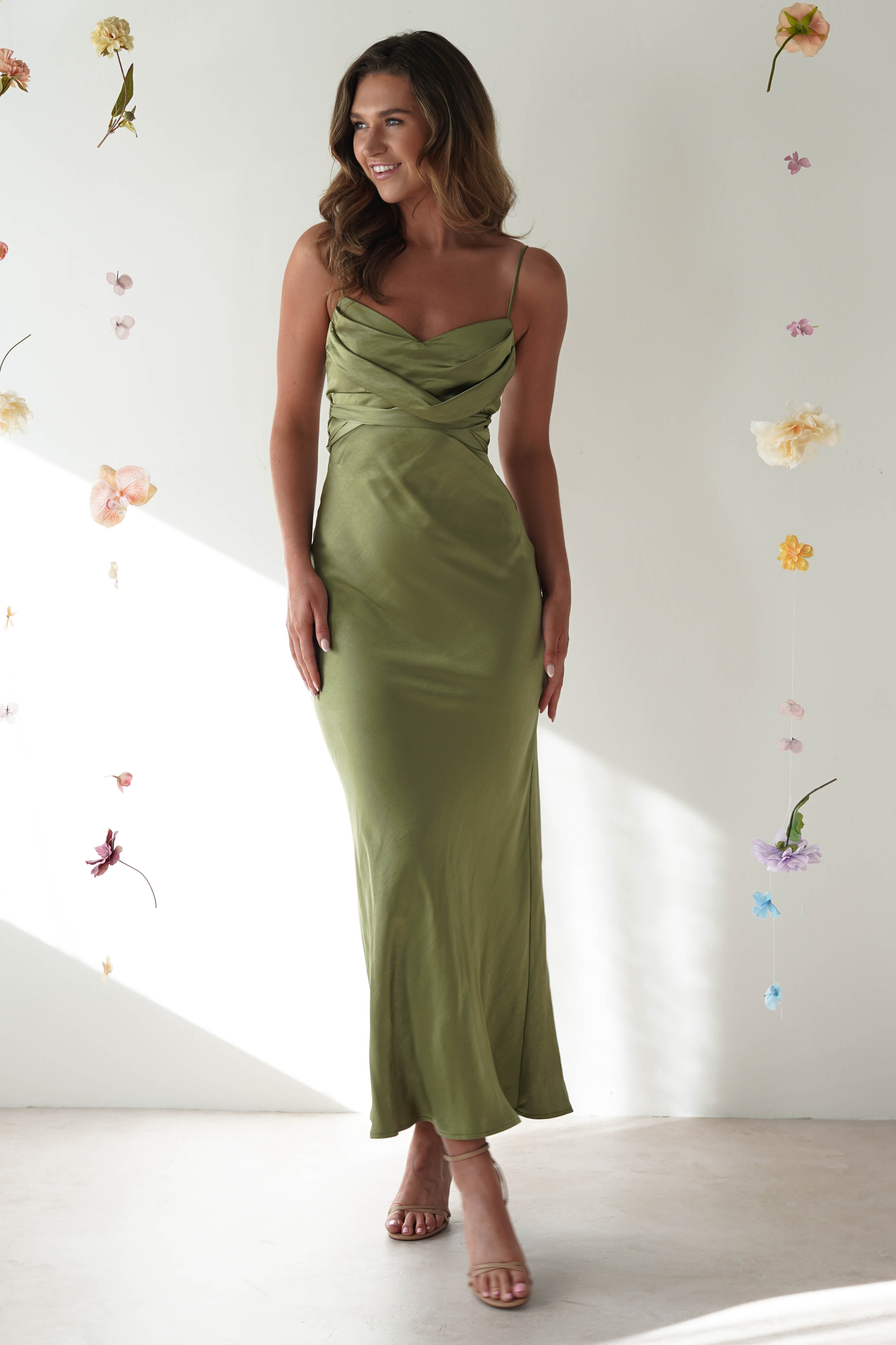 Everleigh Soft Satin Midi Dress | Olive