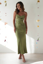 Everleigh Soft Satin Midi Dress Olive | Wedding Guest Dress | Midi | Satin | Oh Hello Clothing