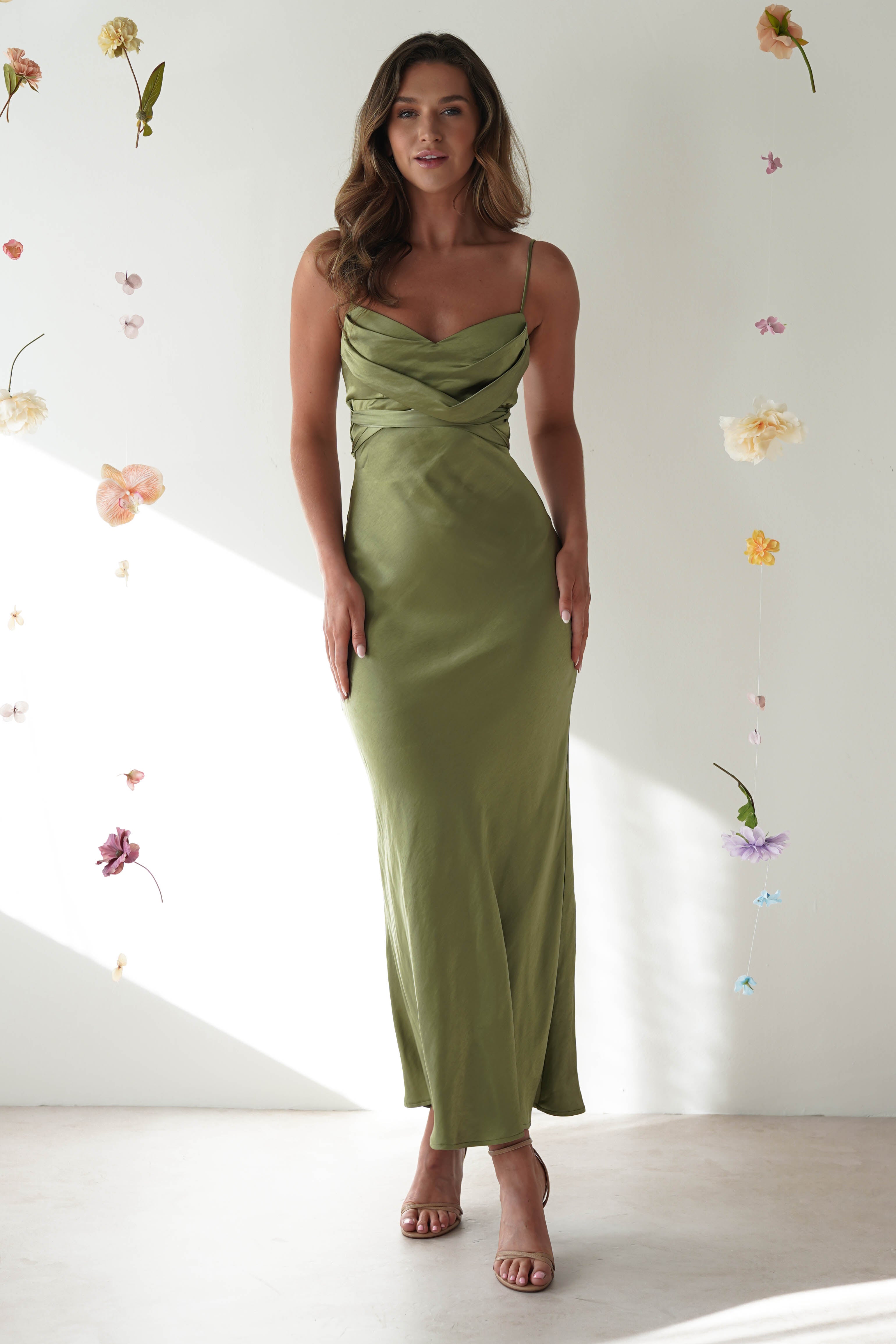 Everleigh Soft Satin Midi Dress | Olive