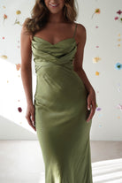 Everleigh Soft Satin Midi Dress Olive | Wedding Guest Dress | Midi | Satin | Oh Hello Clothing