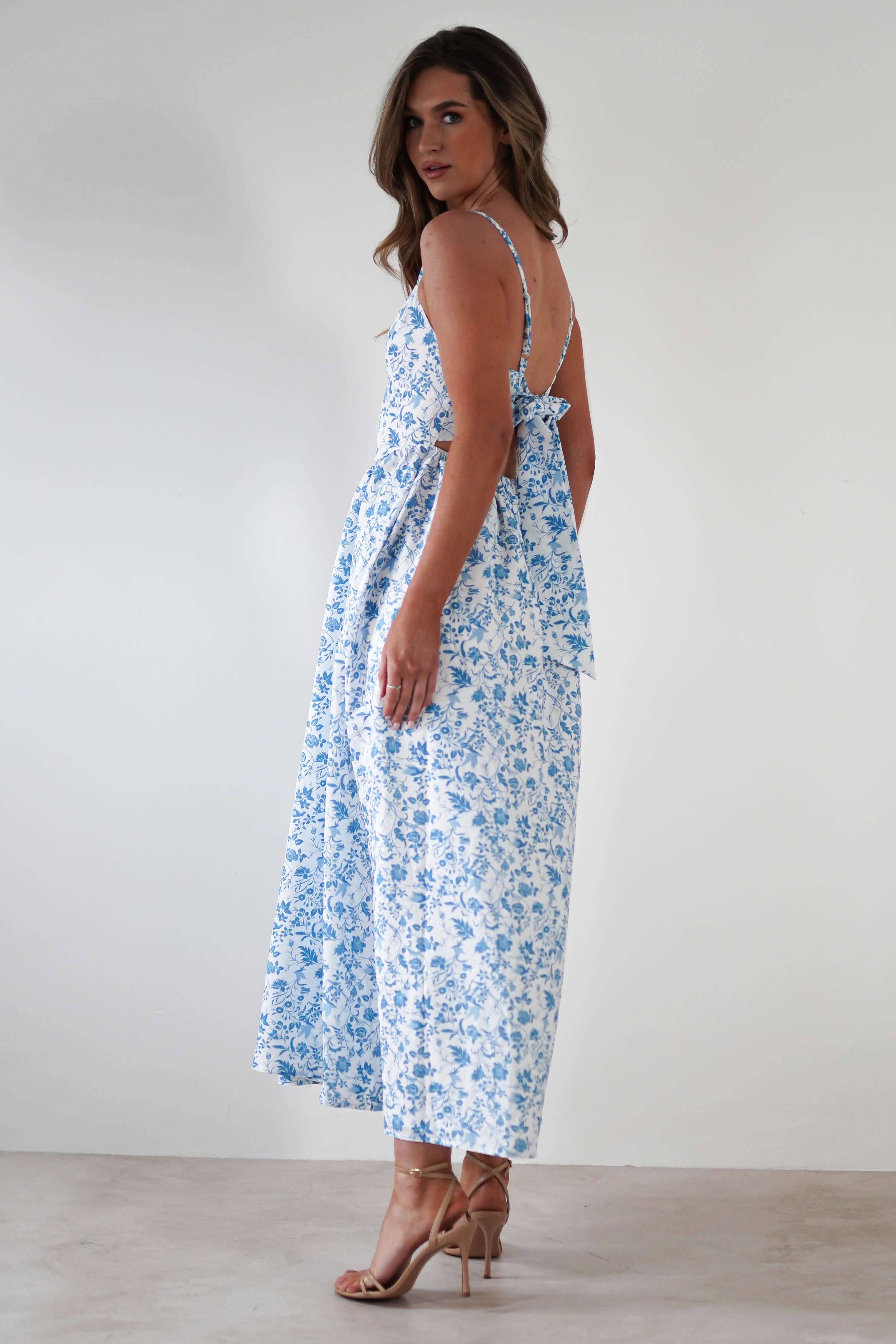 Carolyn Floral Print Maxi Dress | Blue/White