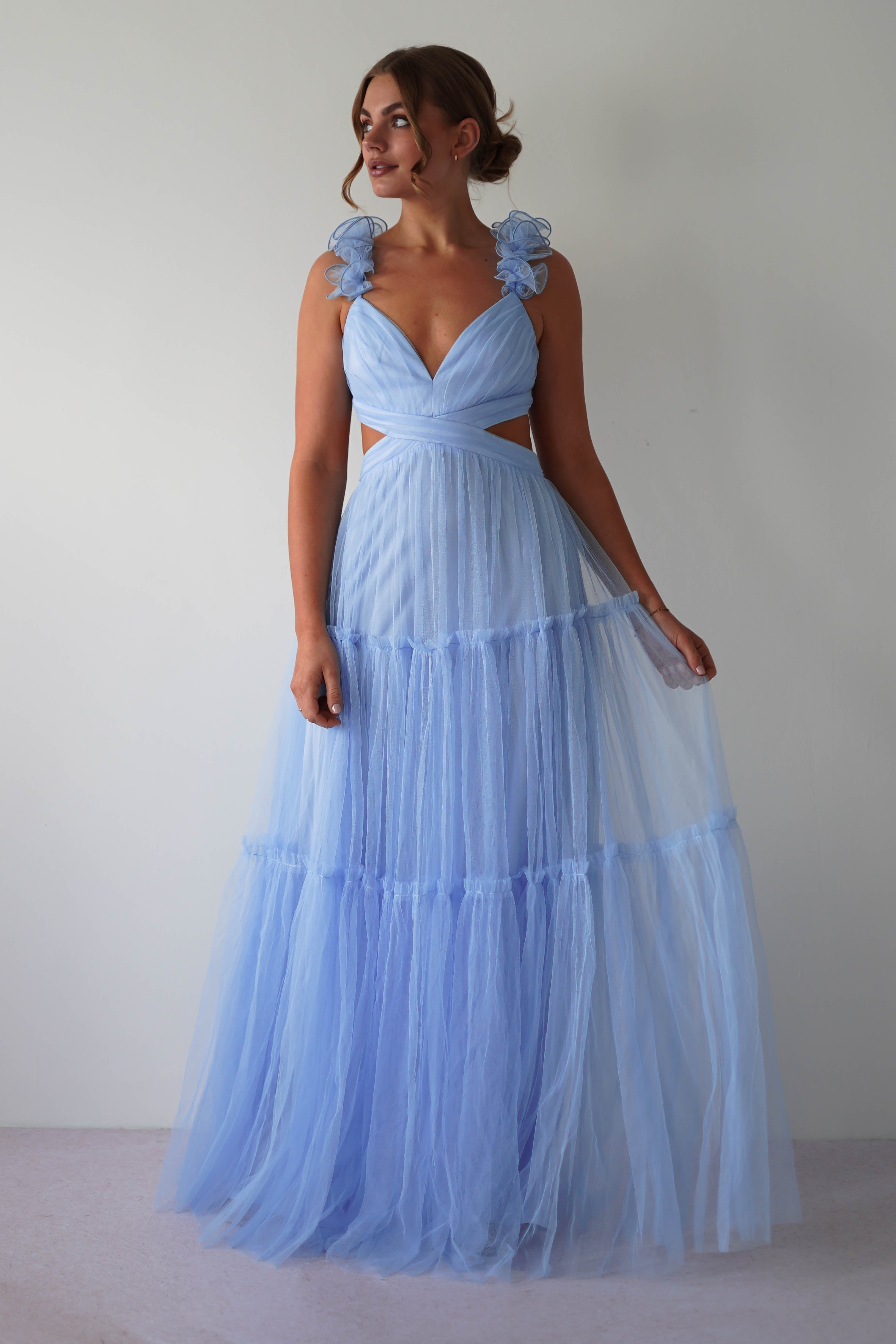 Galiena Ruffle Tulle Maxi Dress | Blue