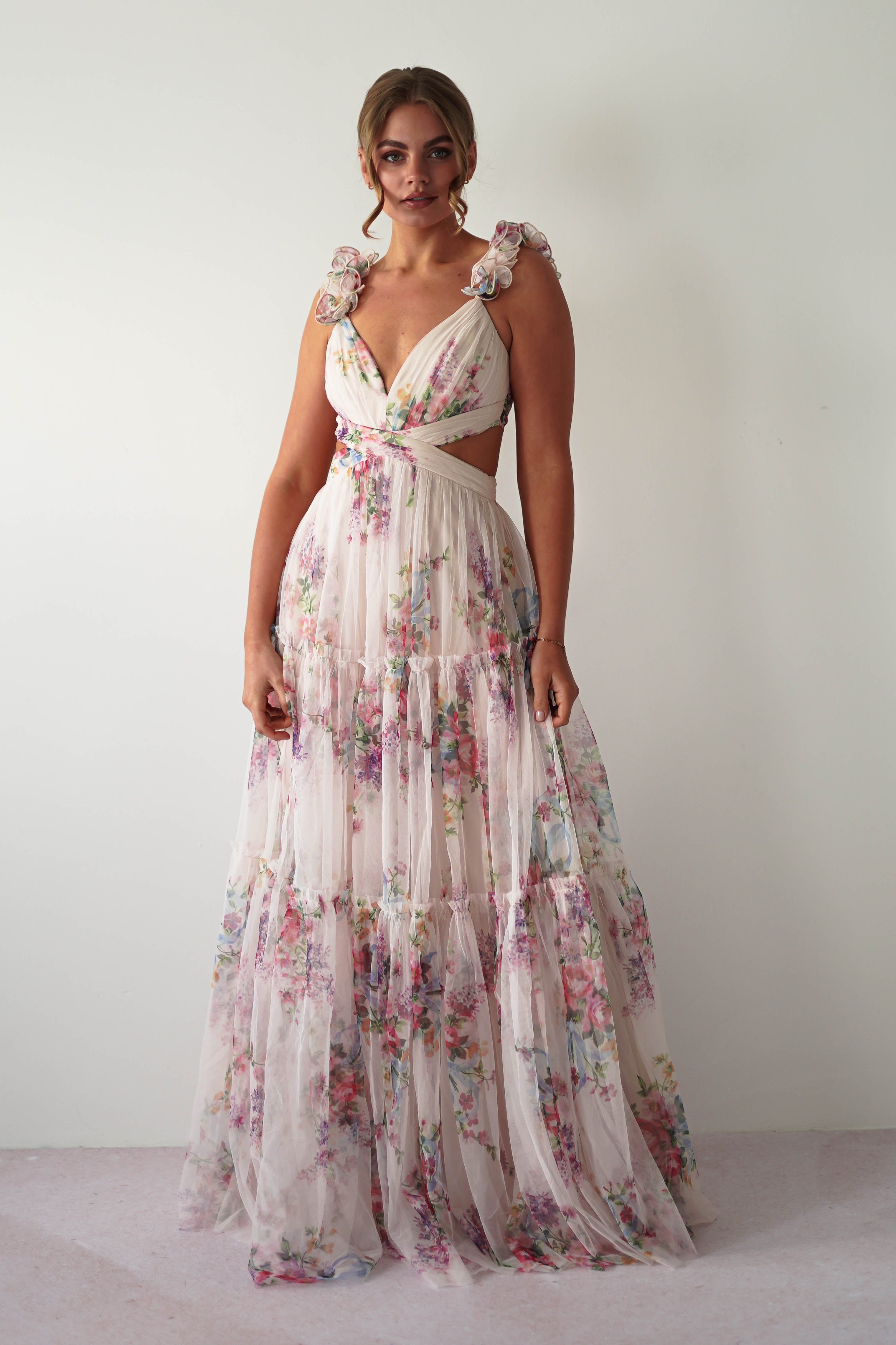 Alma Floral Print Tulle Maxi Dress | Cream