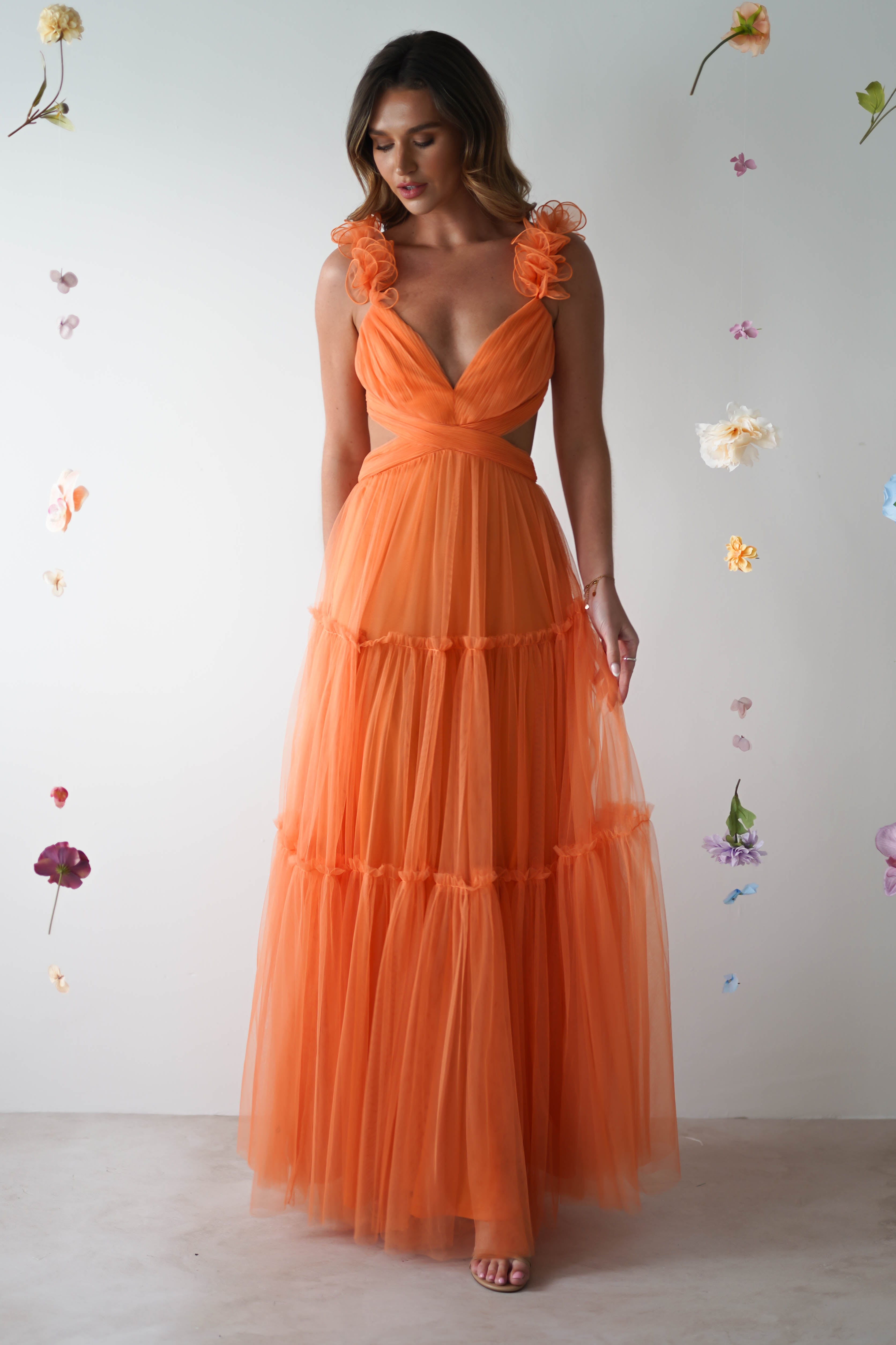 Galiena Ruffle Tulle Maxi Dress | Orange