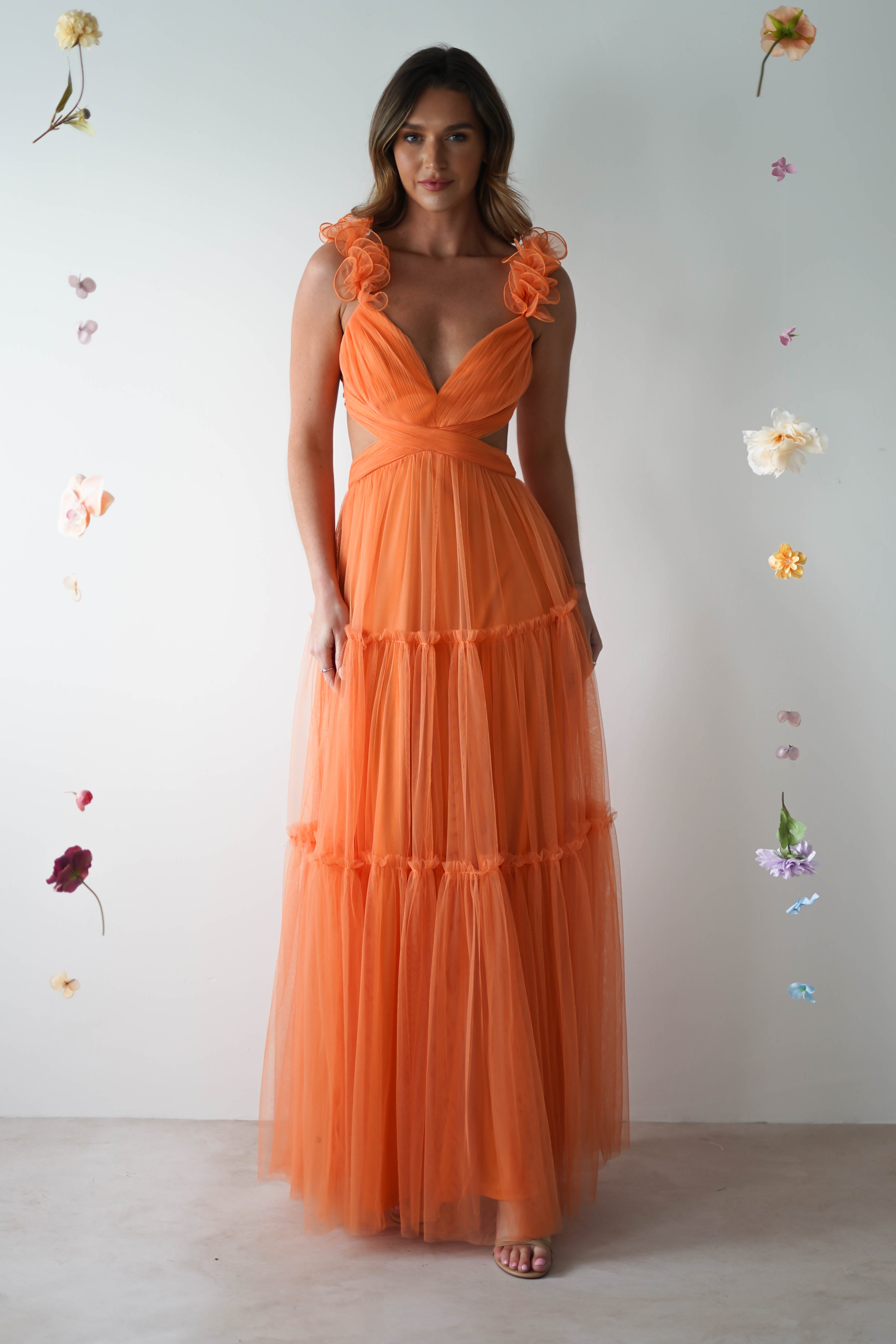 Galiena Ruffle Tulle Maxi Dress | Orange