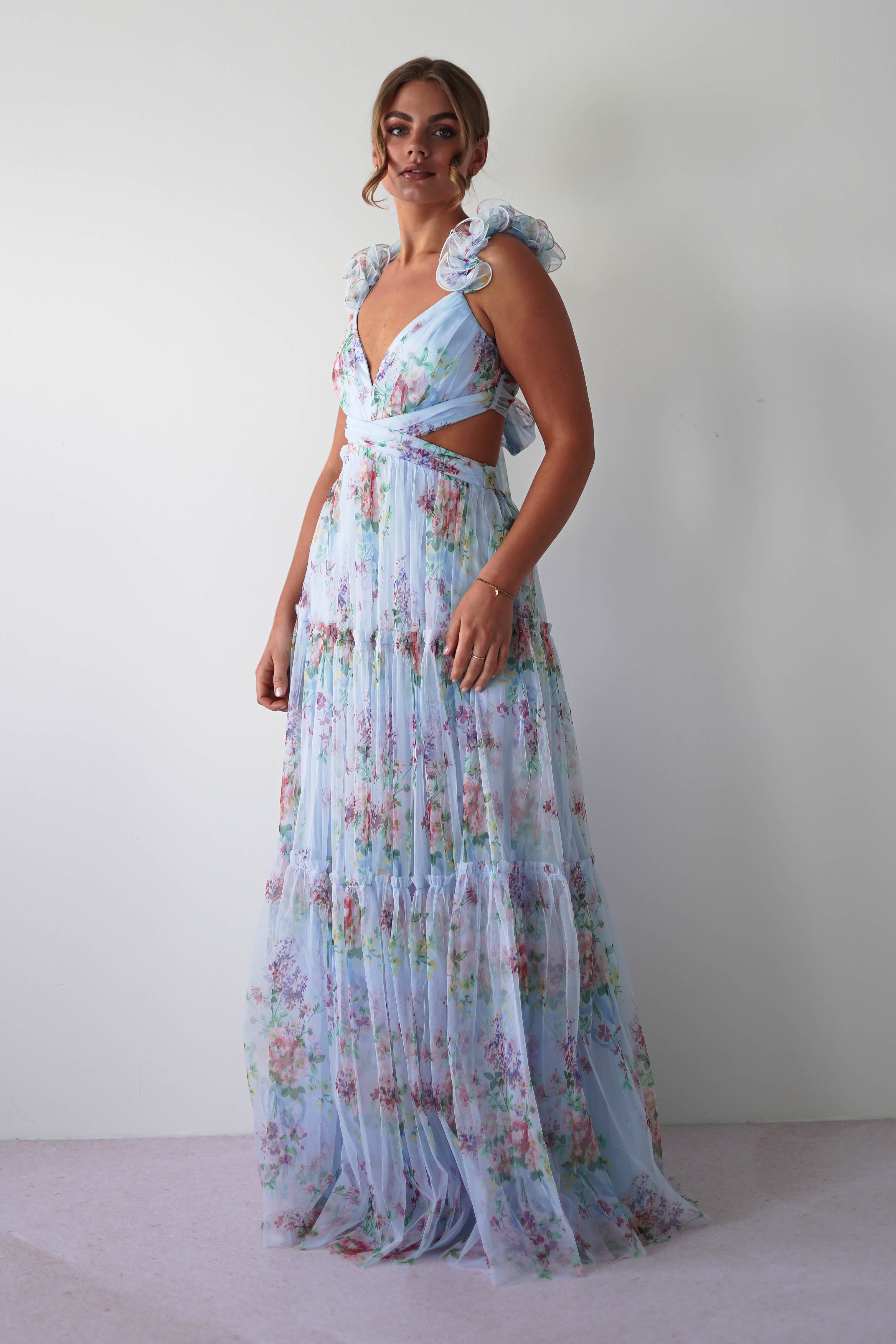Alma Floral Print Tulle Maxi Dress | Blue