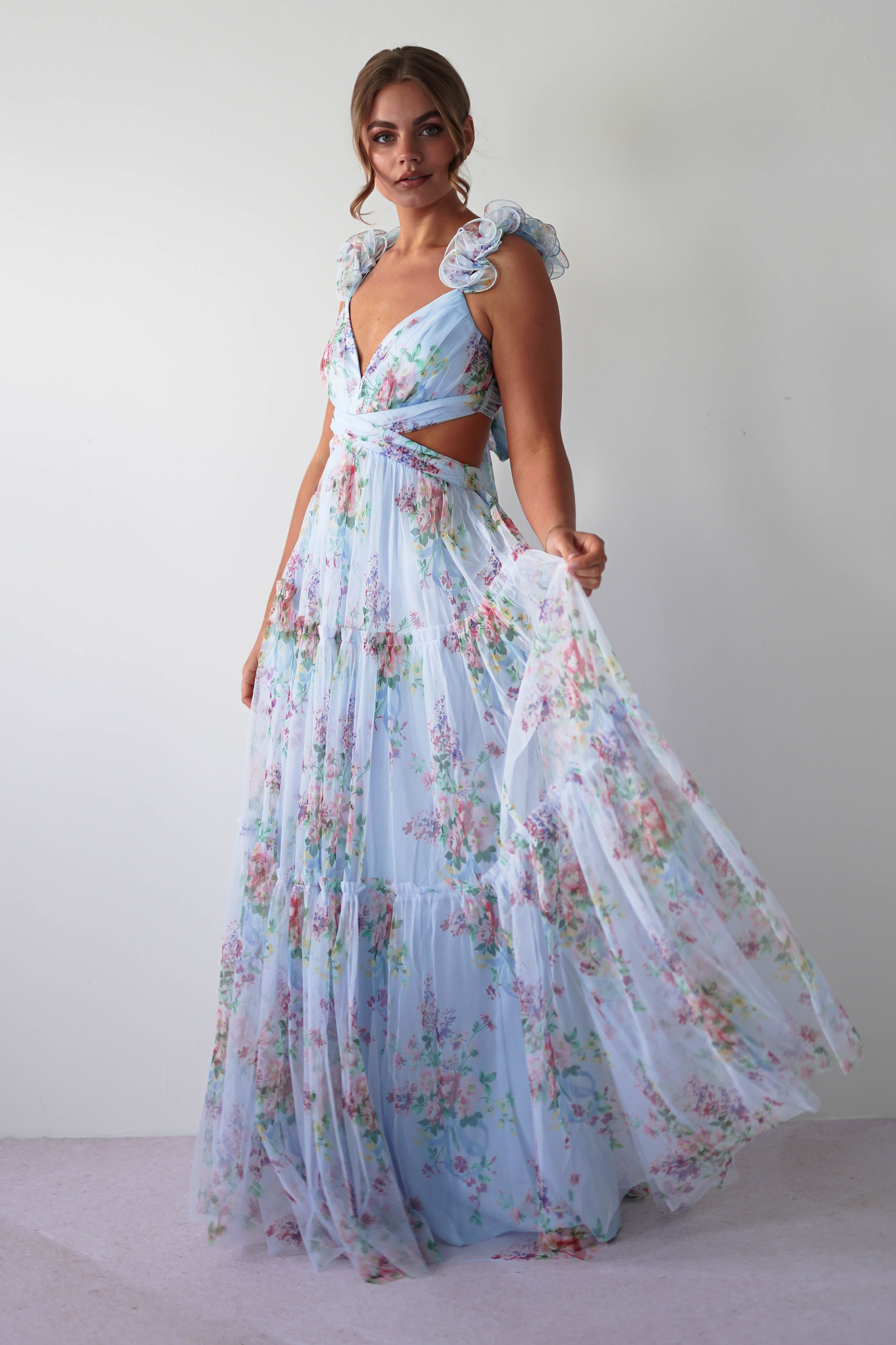 Alma Floral Print Tulle Maxi Dress | Blue