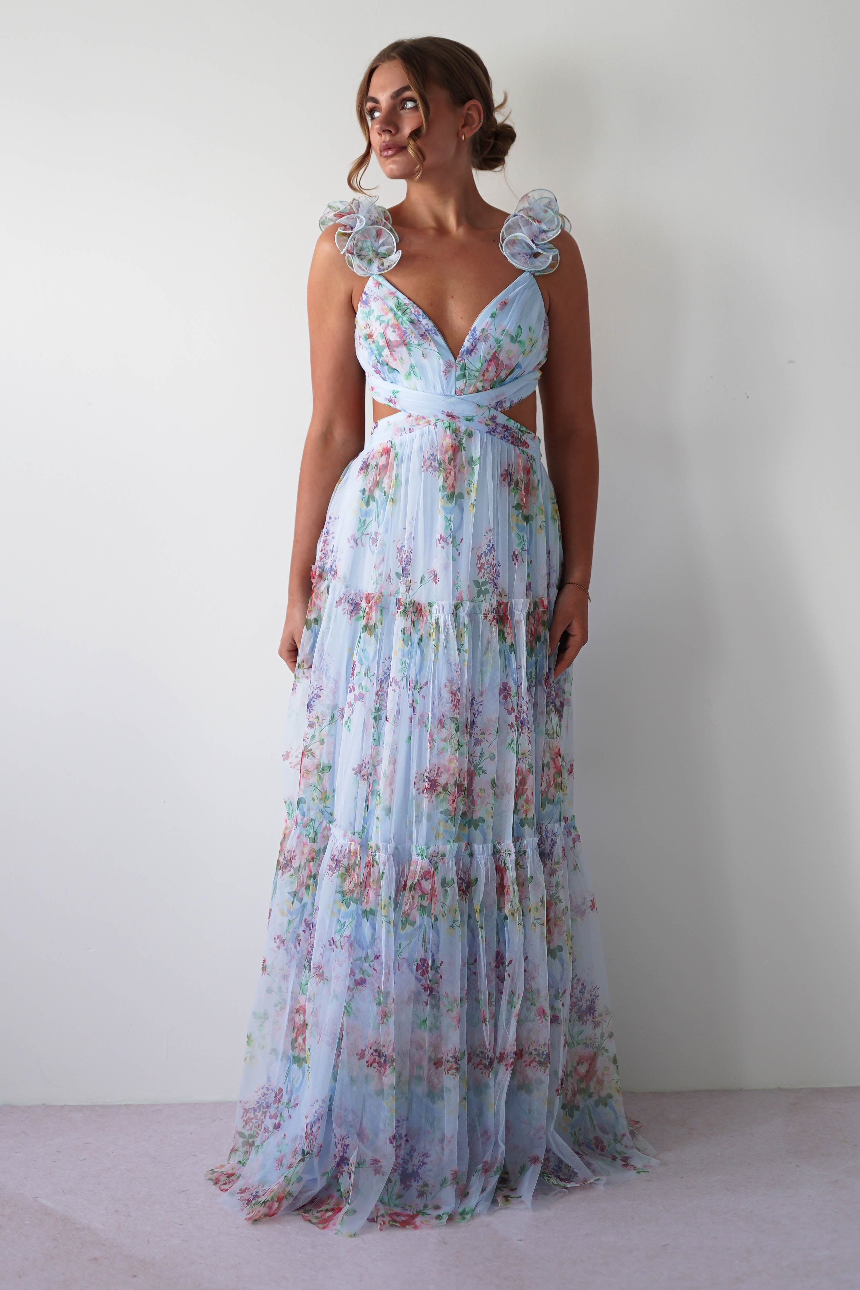 Alma Floral Print Tulle Maxi Dress | Blue