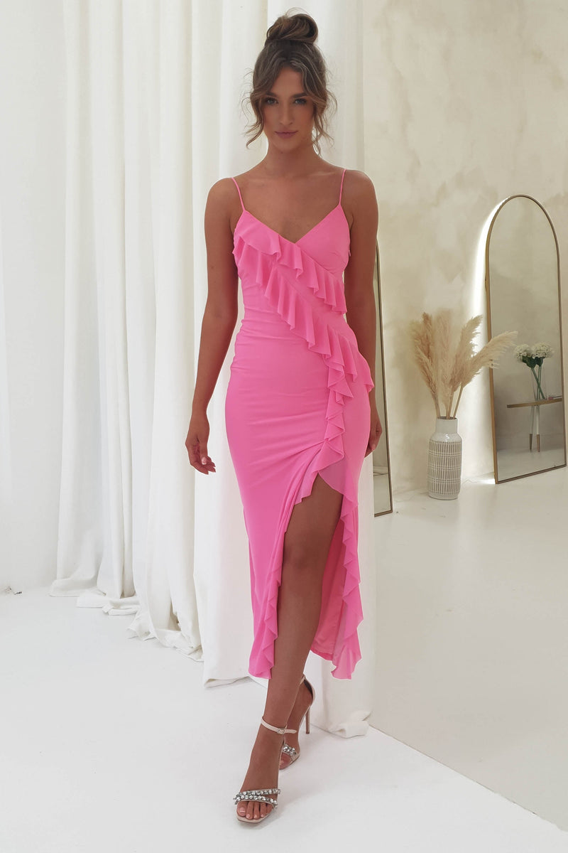 Julian Ruffle Mesh Midi Dress | Pink