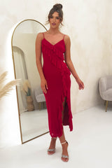 Julian Ruffle Mesh Midi Dress | Dark Red