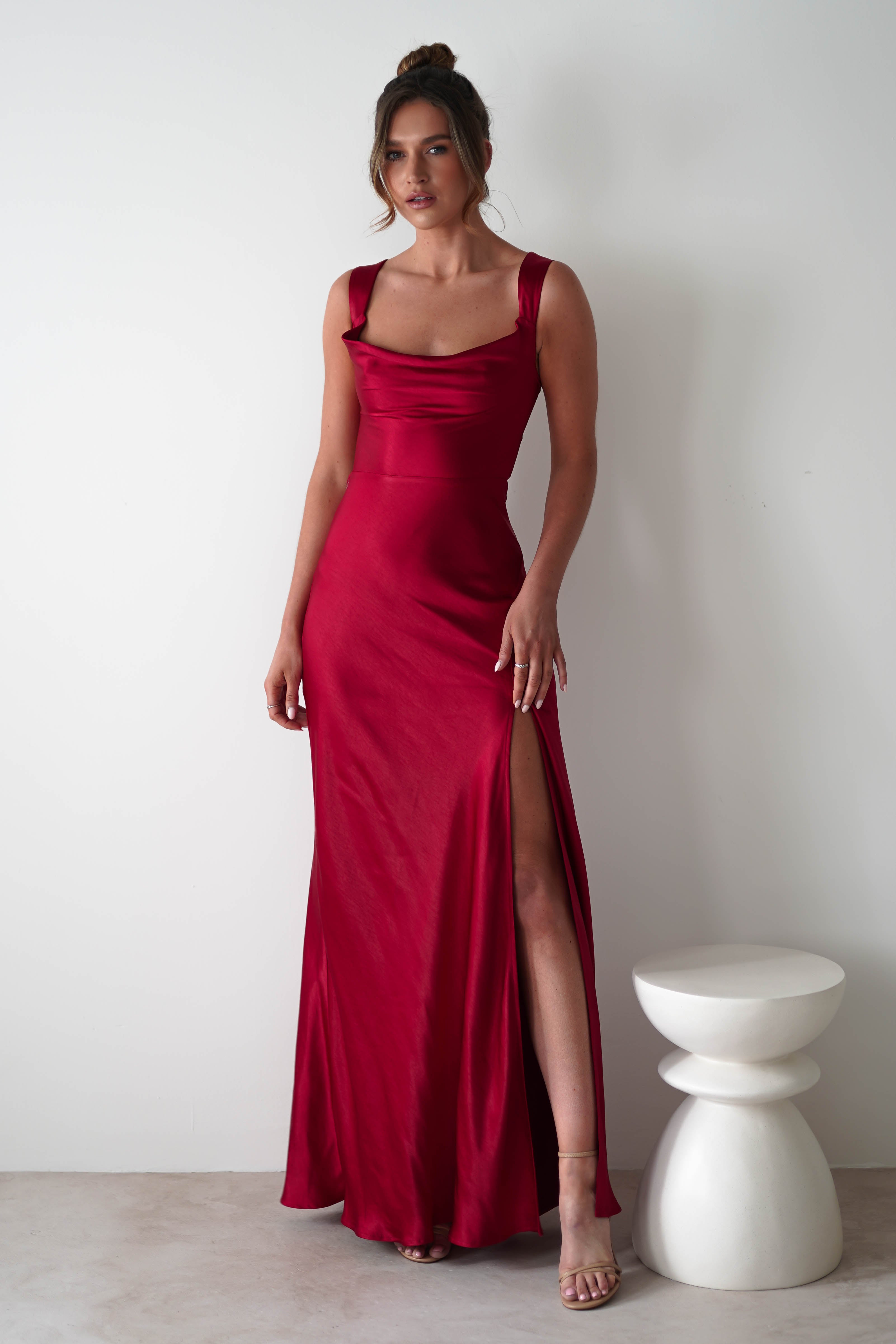 Riviera Soft Satin Maxi Gown | Berry Red
