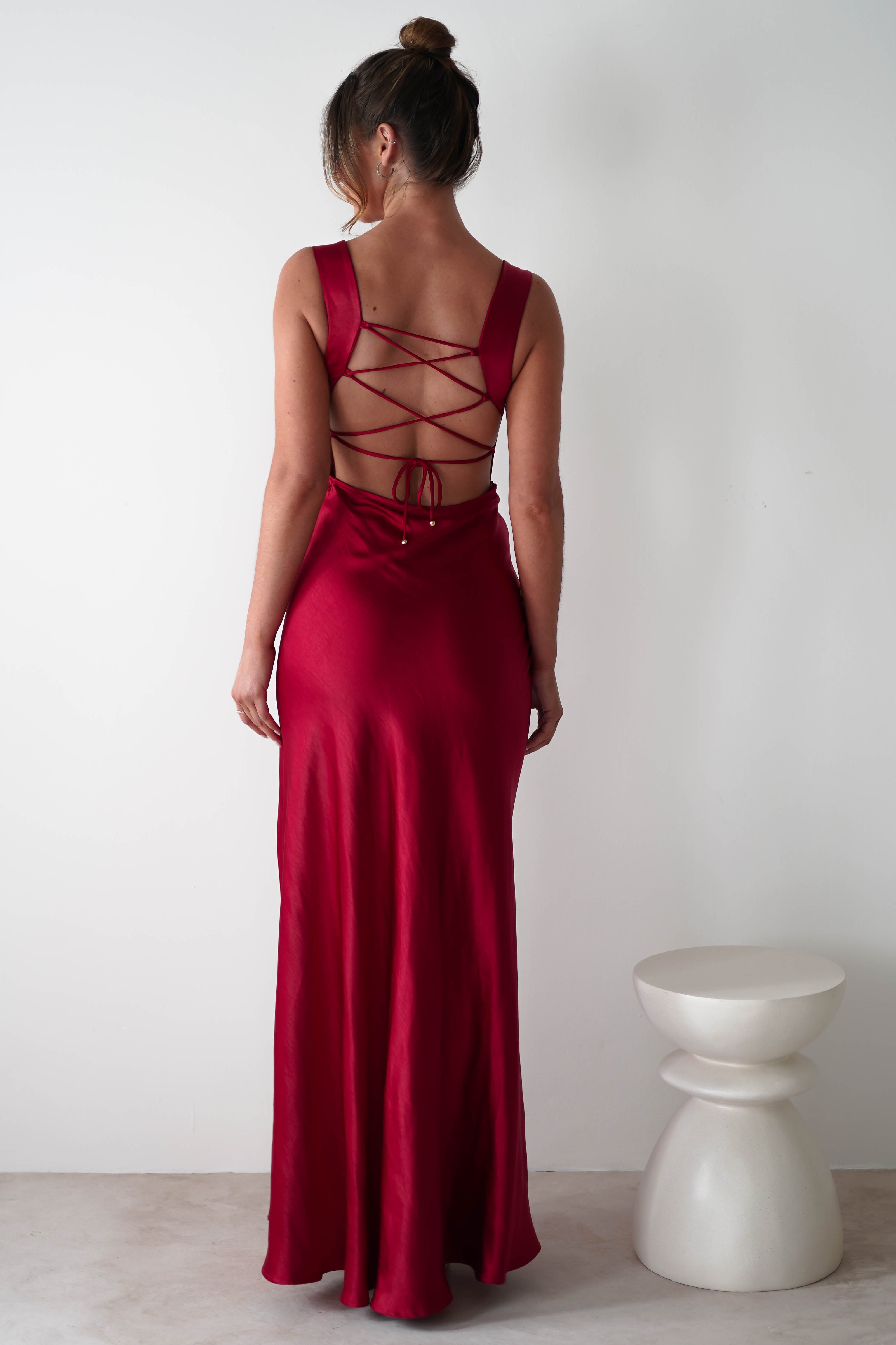 Riviera Soft Satin Maxi Gown Berry Red