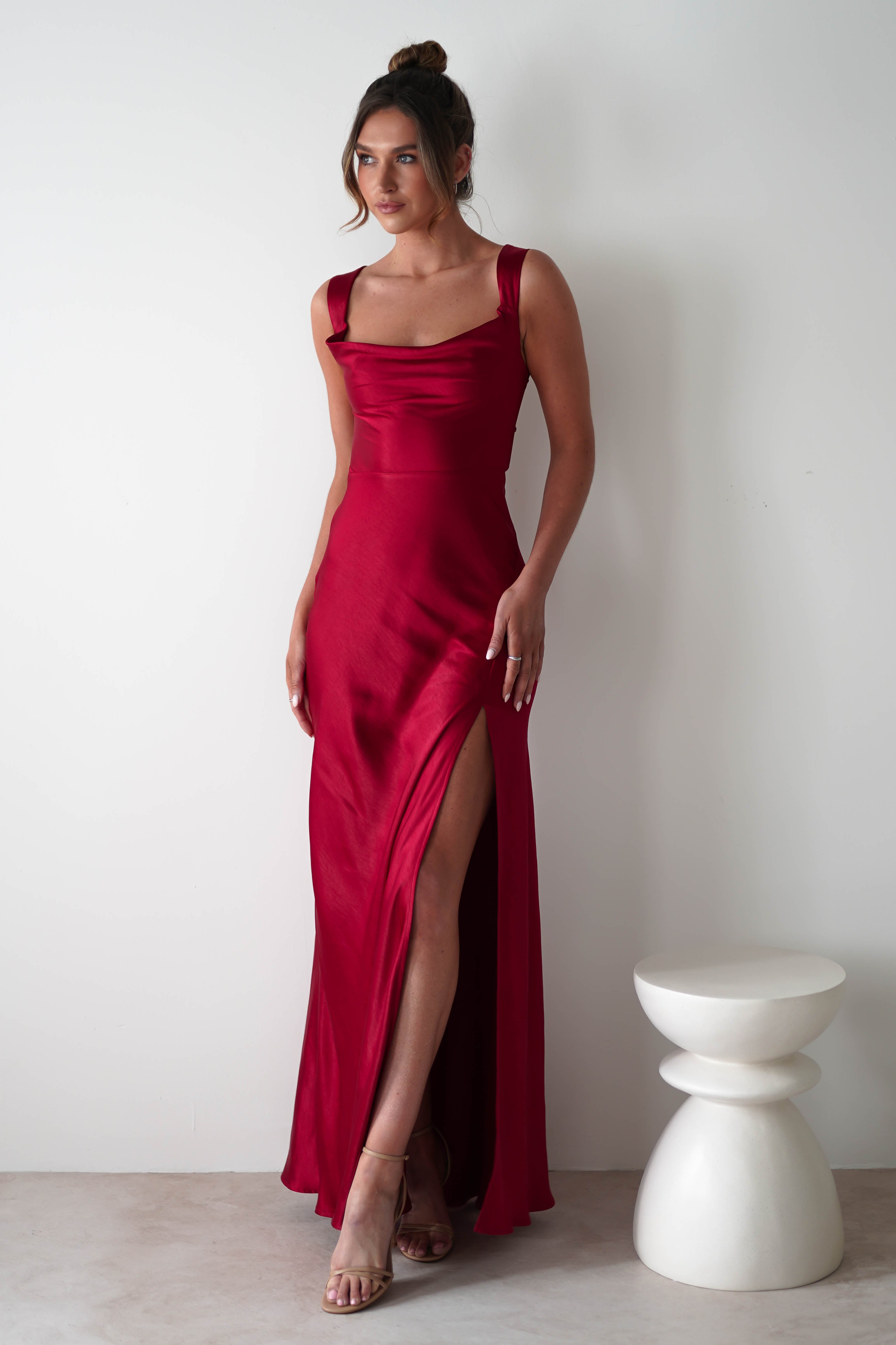 Riviera Soft Satin Maxi Gown | Berry Red