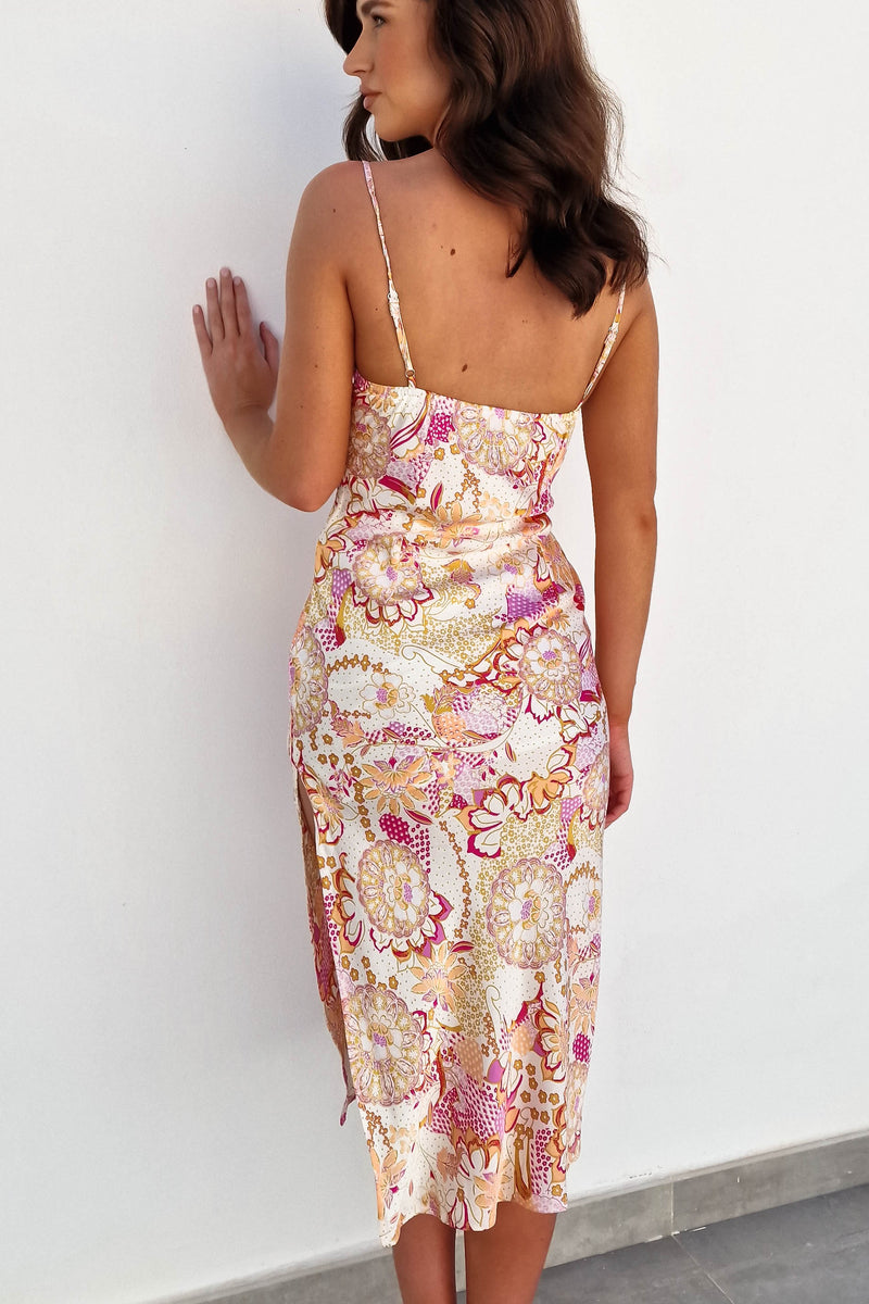 Priscilla Satin Printed Midi Dress | Mixed Print