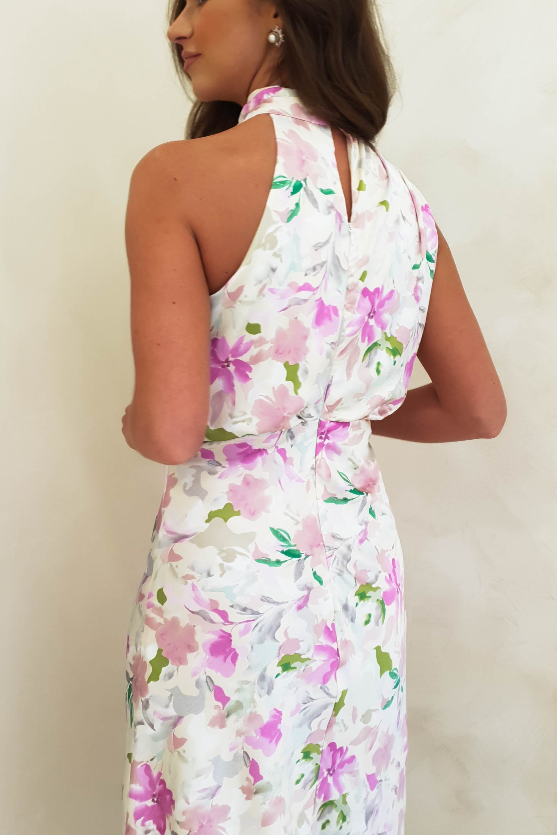 Layla Satin High Neck Midi Dress | Cream Floral Print
