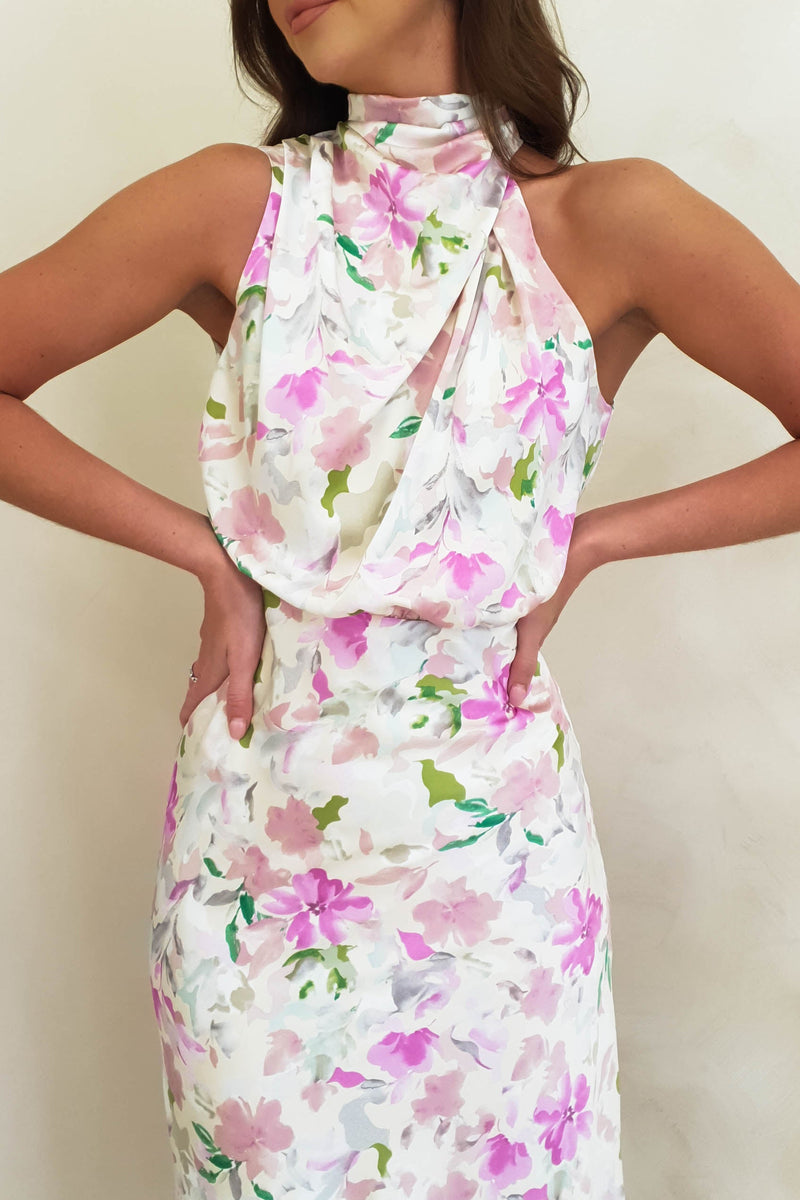 Layla Satin High Neck Midi Dress | Cream Floral Print