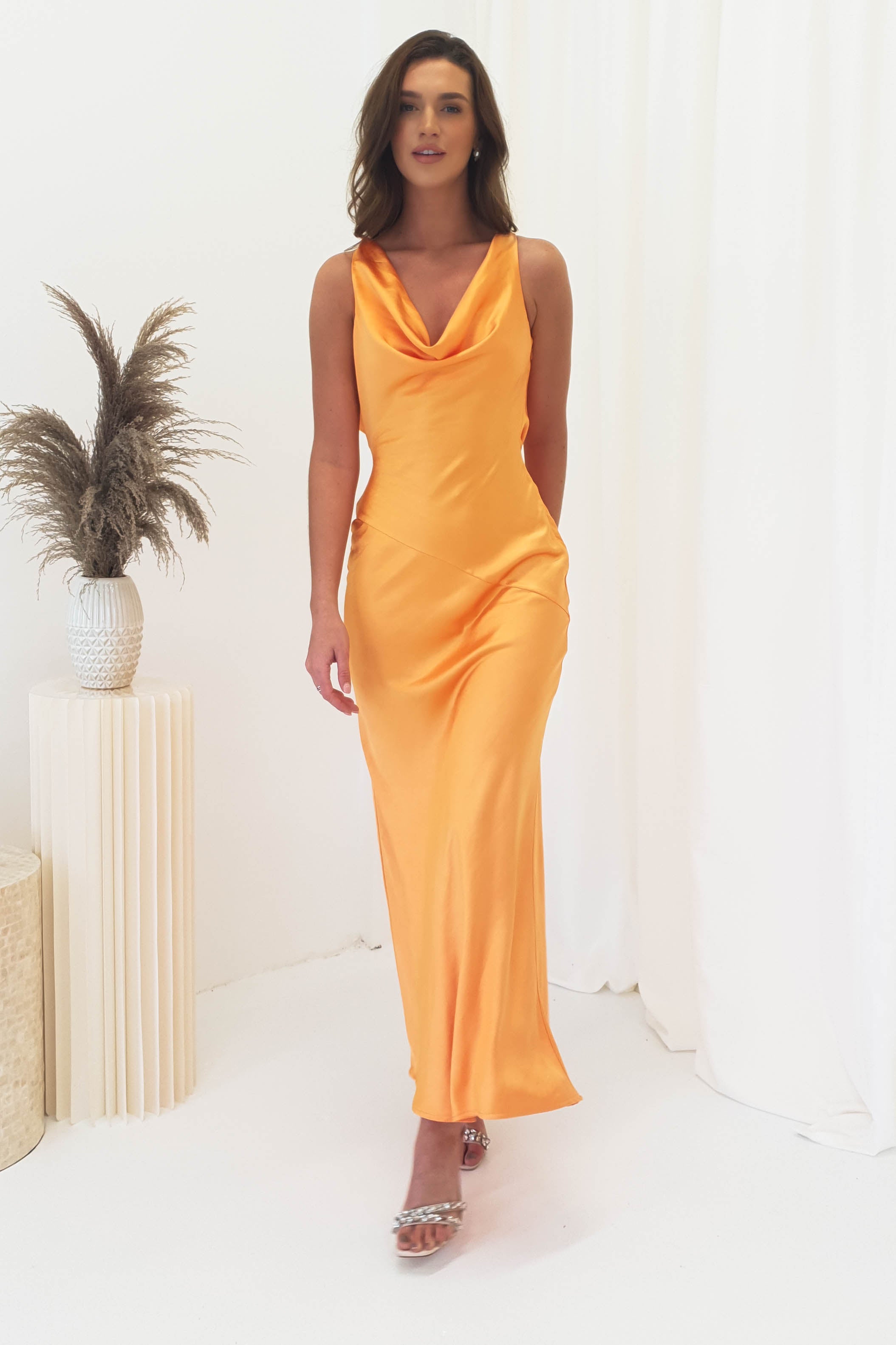 Leah Cowl Neckline Maxi Dress Orange Wedding Guest Oh Hello Clothing