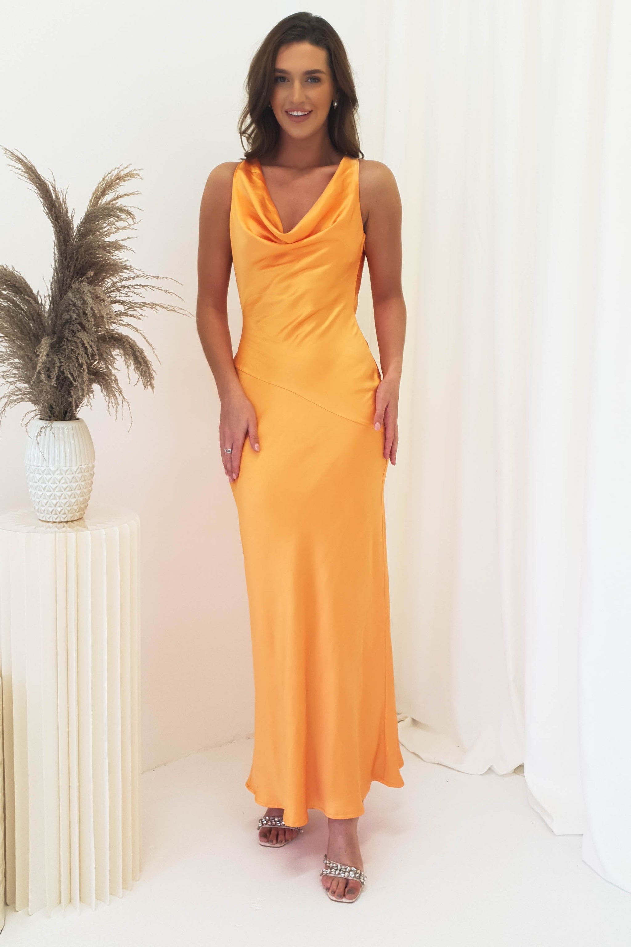 Leah Cowl Neckline Maxi Dress Orange Wedding Guest Oh Hello Clothing