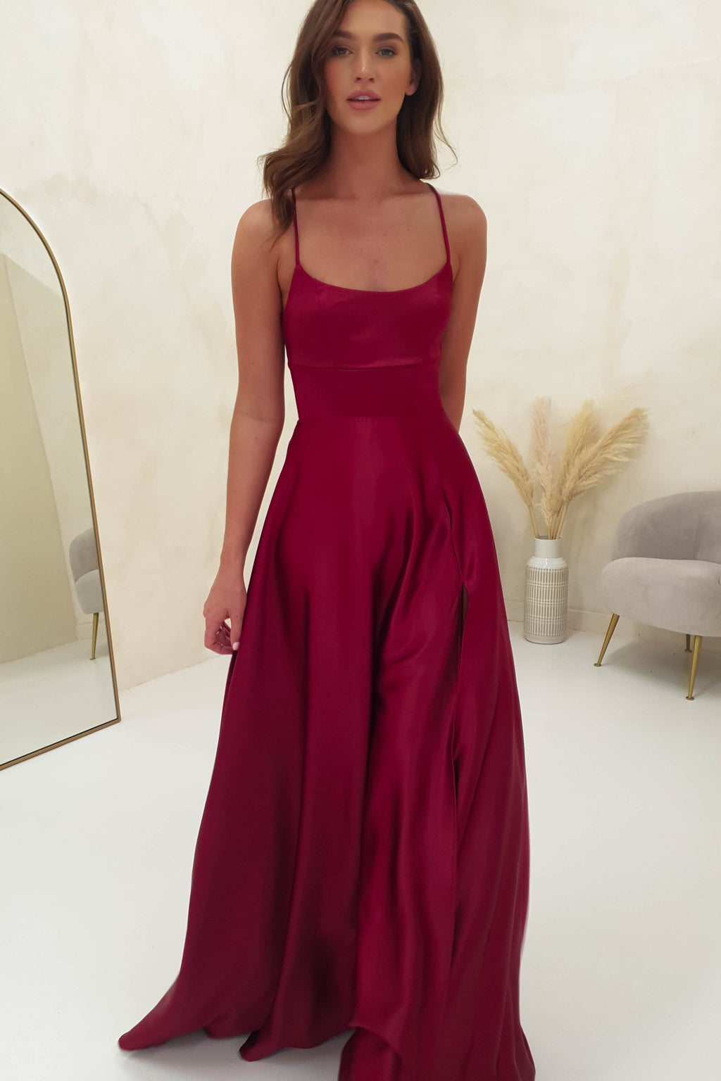 Leelie Silky Satin Gown | Berry Red