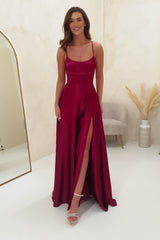 Leelie Silky Satin Gown | Berry Red